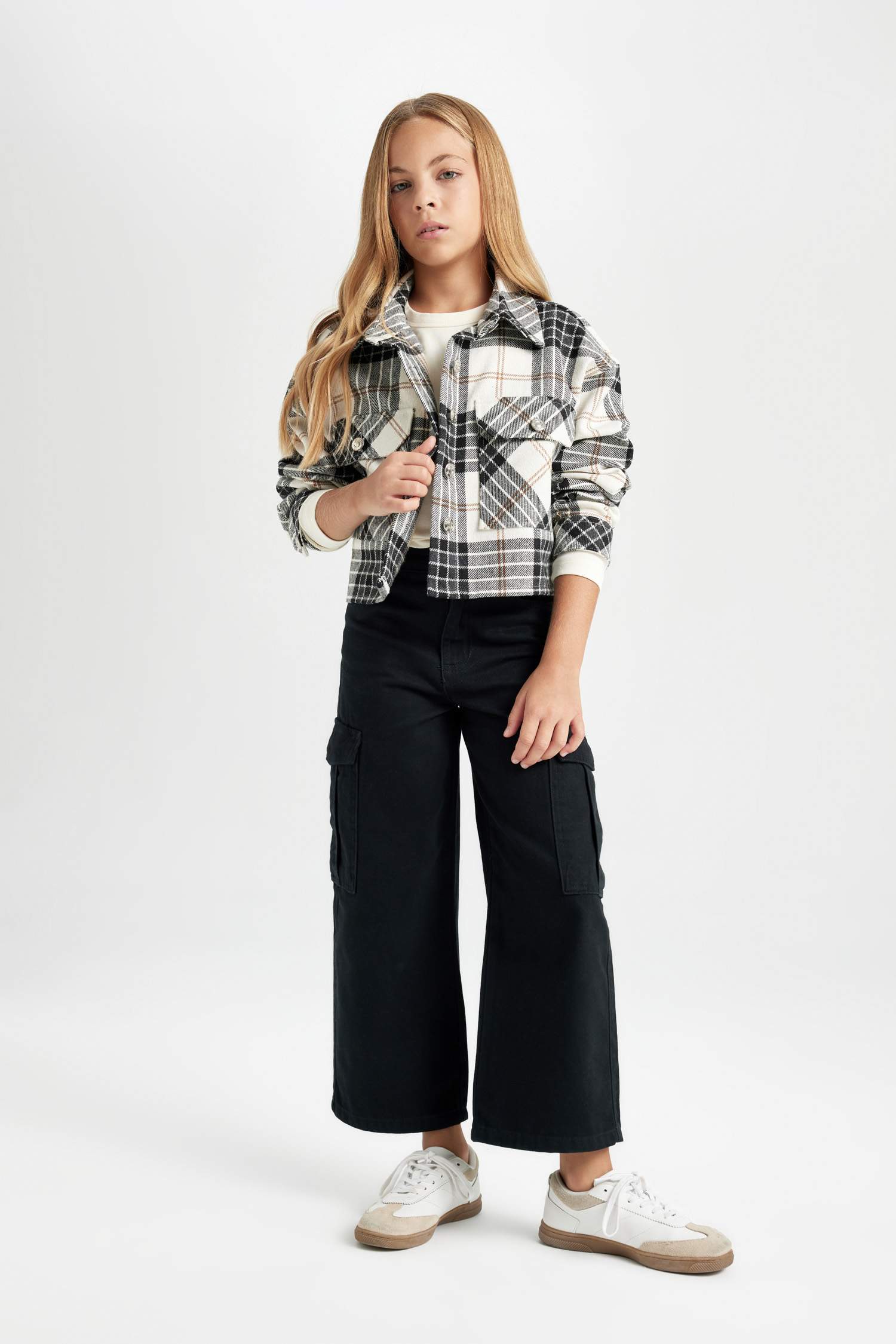 Kız Çocuk Crop Kareli Uzun Kollu Çift Cepli Gömlek Ceket