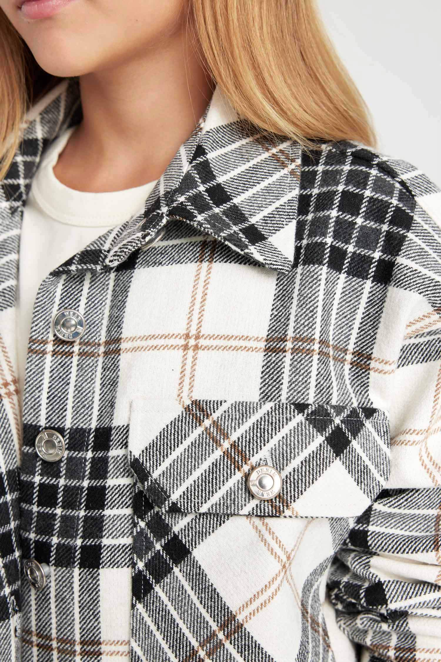 Kız Çocuk Crop Kareli Uzun Kollu Çift Cepli Gömlek Ceket