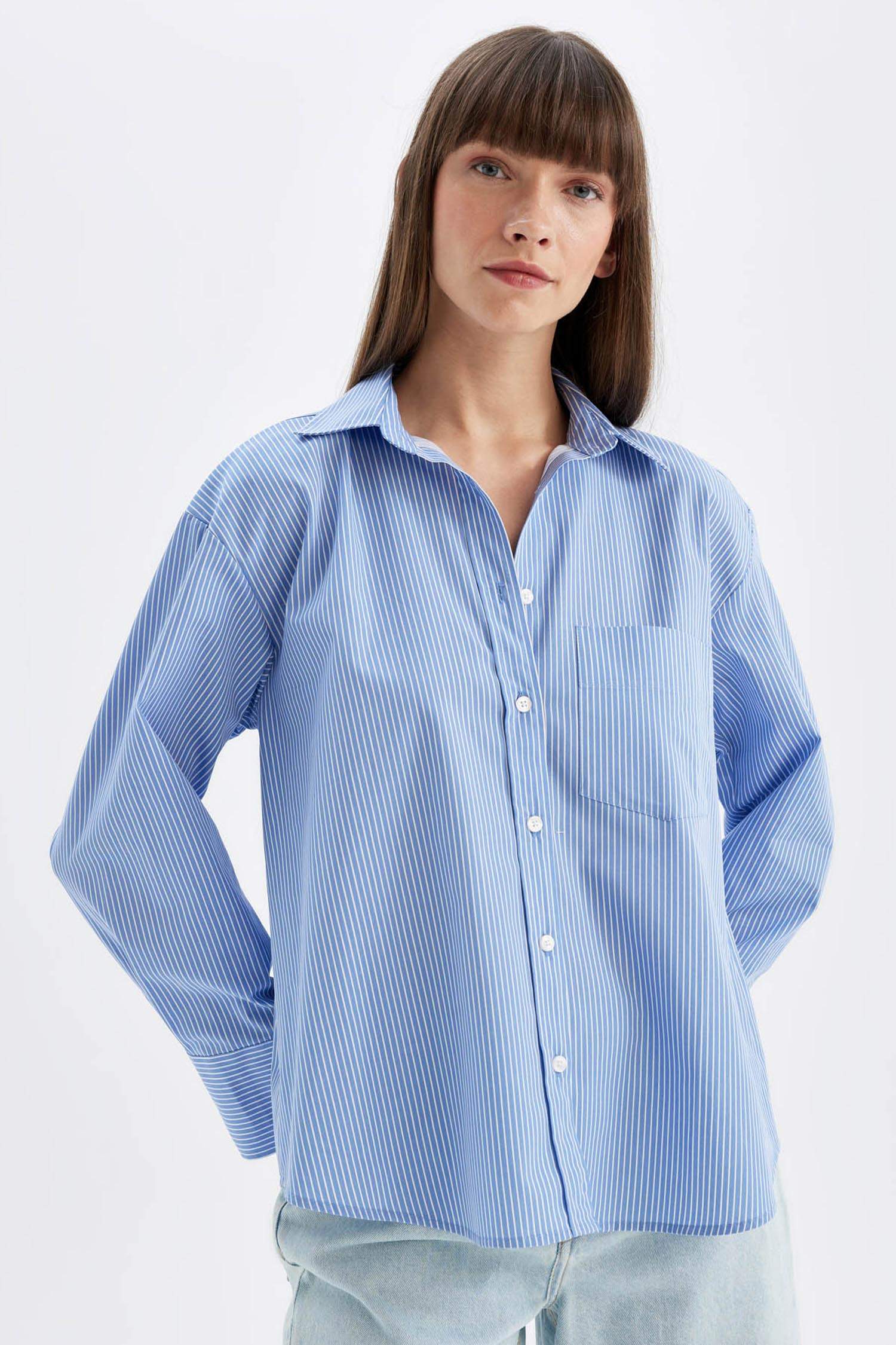 Oversize Geniş Kalıp Çizgili Cepli Poplin Uzun Kollu Gömlek