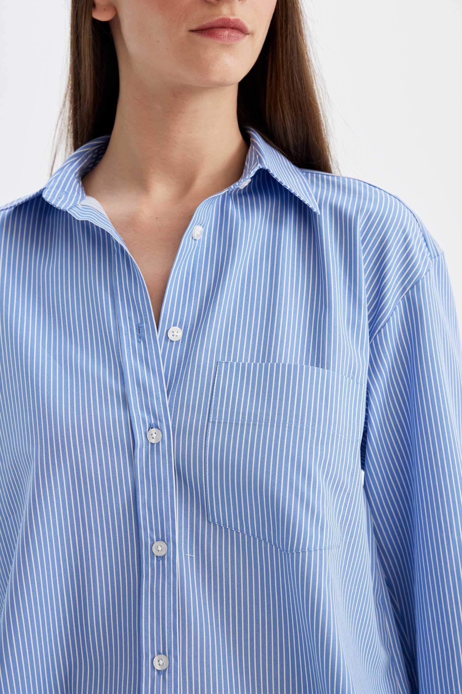 Oversize Geniş Kalıp Çizgili Cepli Poplin Uzun Kollu Gömlek