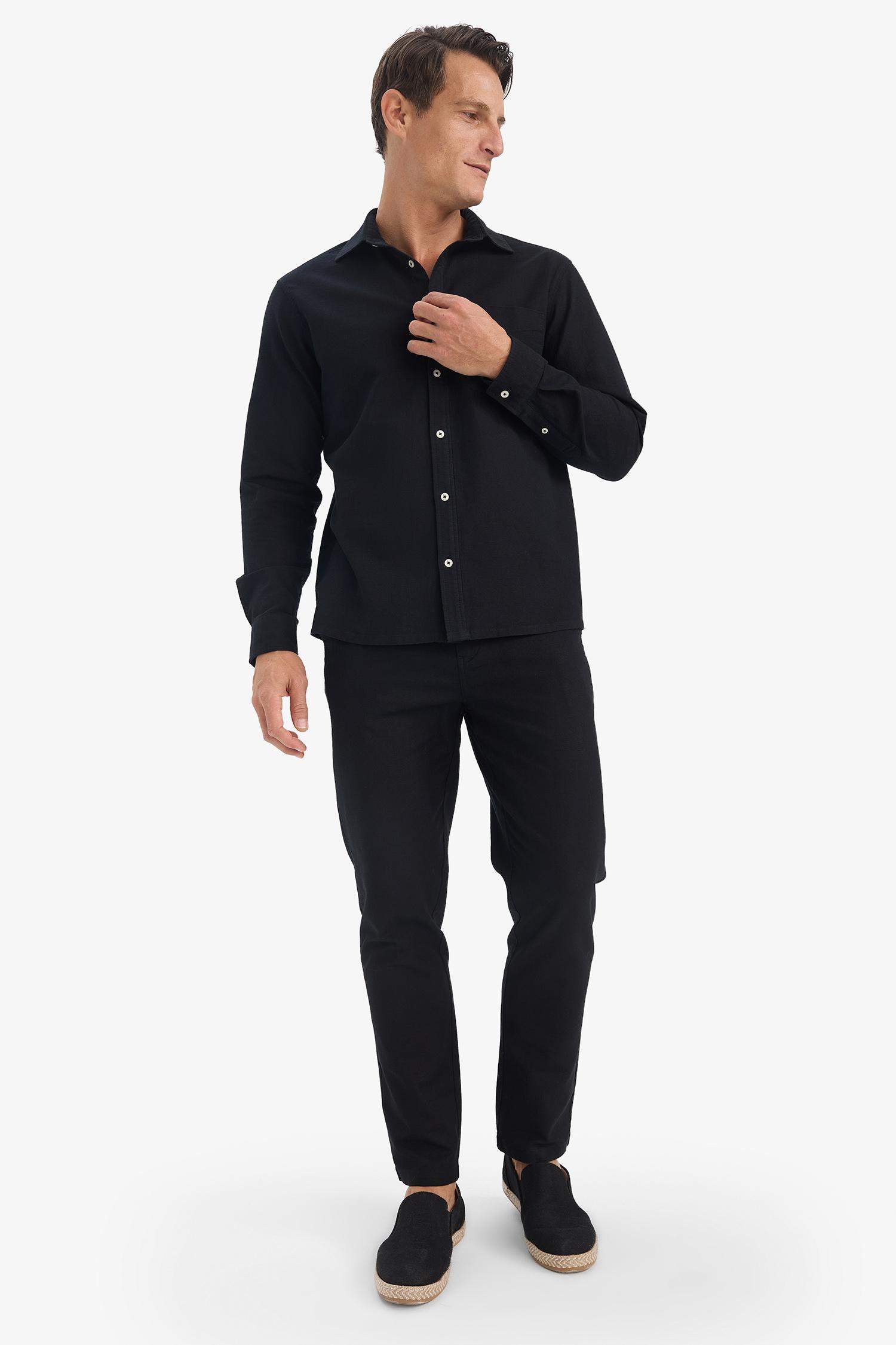 %100 Pamuk Keten Görünümlü Pantolon Beli Lastikli Slim Fit Dar Kesim Cepli Düz Paça