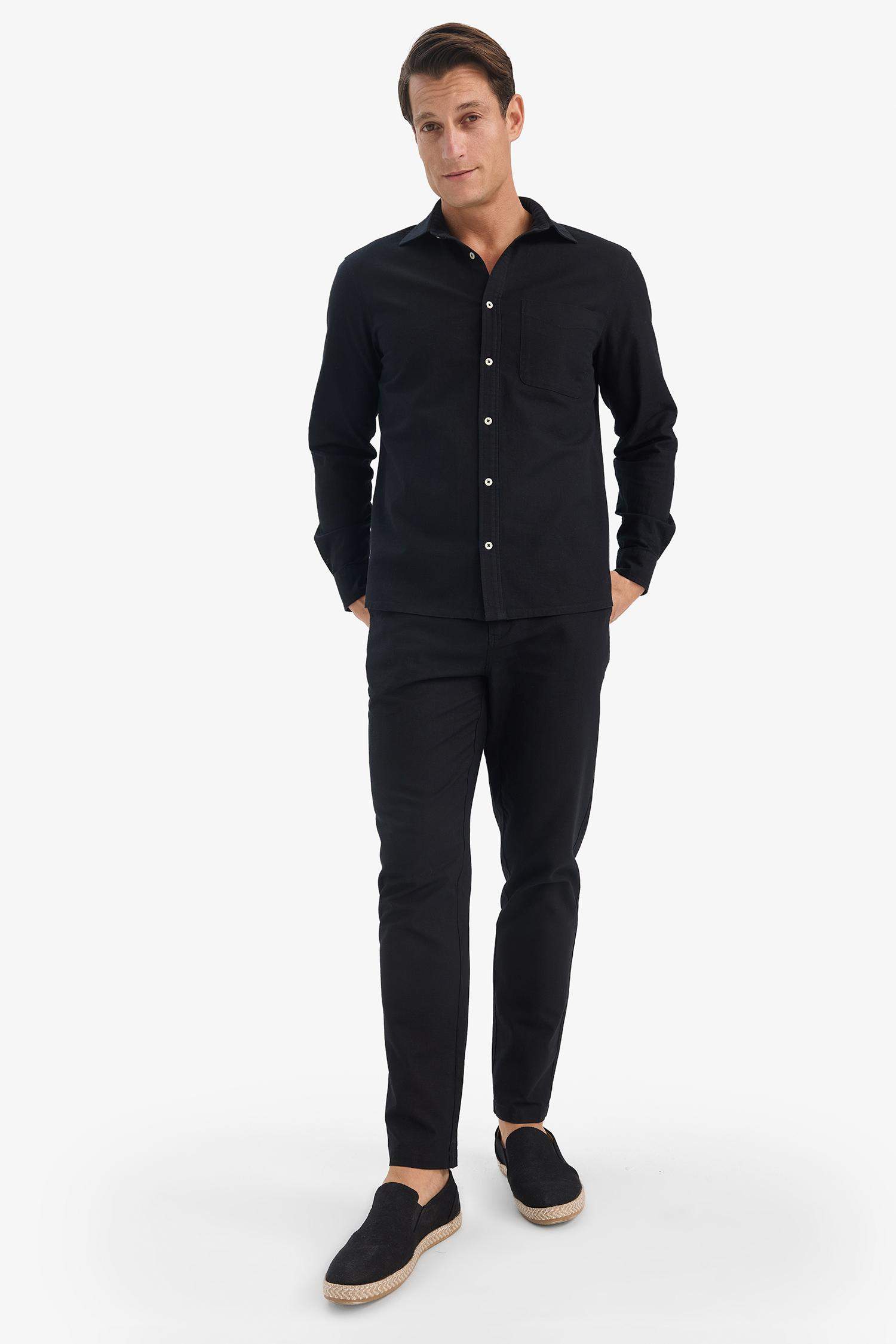 %100 Pamuk Keten Görünümlü Pantolon Beli Lastikli Slim Fit Dar Kesim Cepli Düz Paça