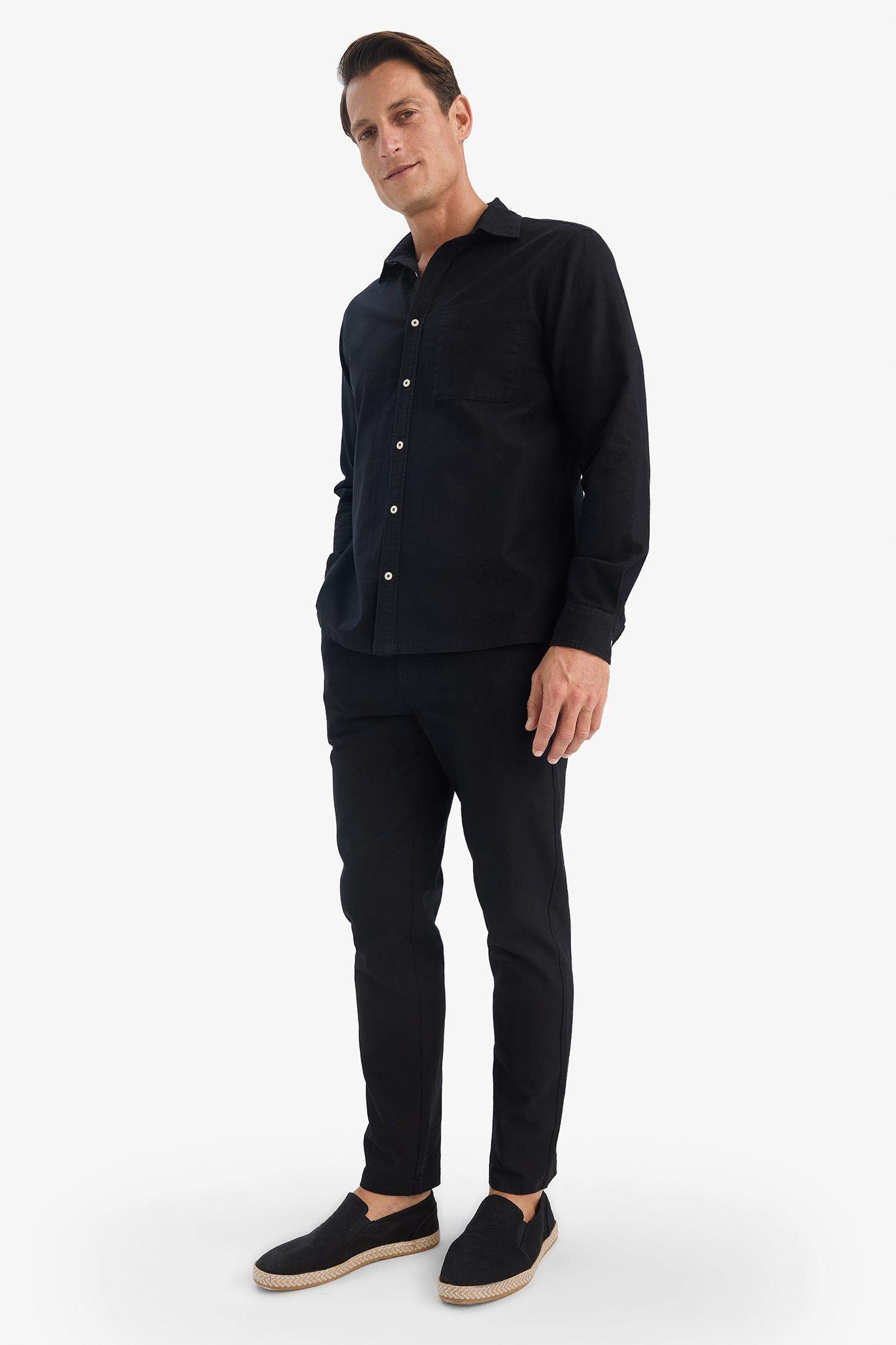 %100 Pamuk Keten Görünümlü Pantolon Beli Lastikli Slim Fit Dar Kesim Cepli Düz Paça