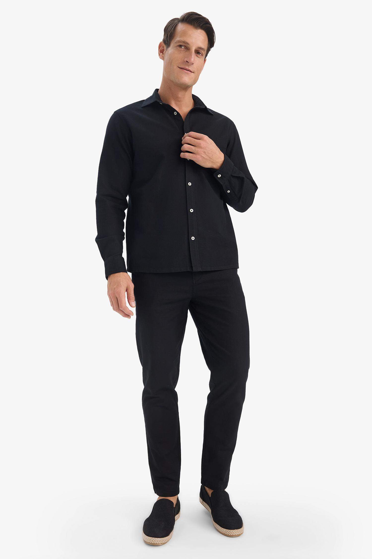 %100 Pamuk Keten Görünümlü Pantolon Beli Lastikli Slim Fit Dar Kesim Cepli Düz Paça