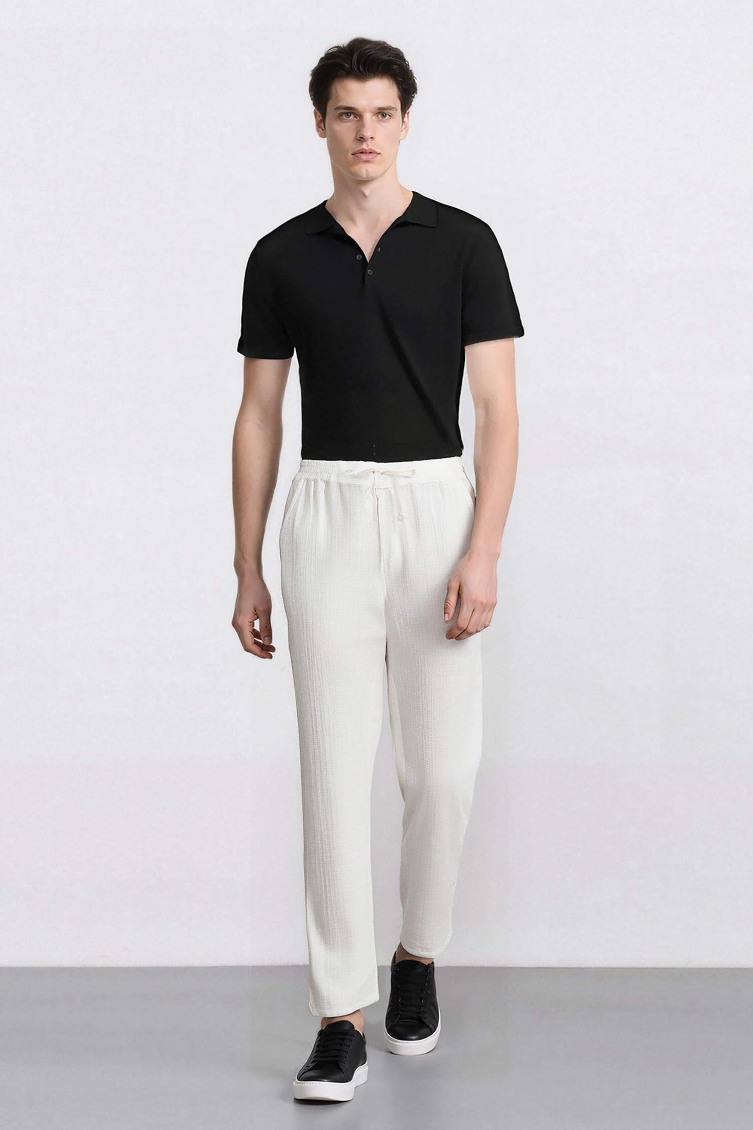 %100 Pamuk Keten Görünümlü Pantolon Beli Lastikli Slim Fit Dar Kesim Cepli Düz Paça