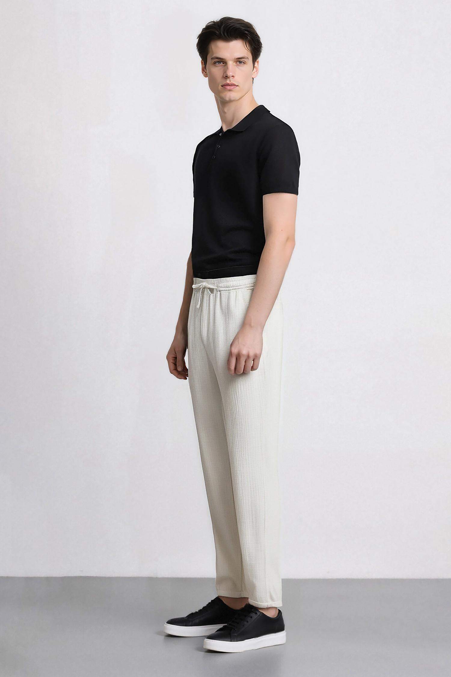 %100 Pamuk Keten Görünümlü Pantolon Beli Lastikli Slim Fit Dar Kesim Cepli Düz Paça