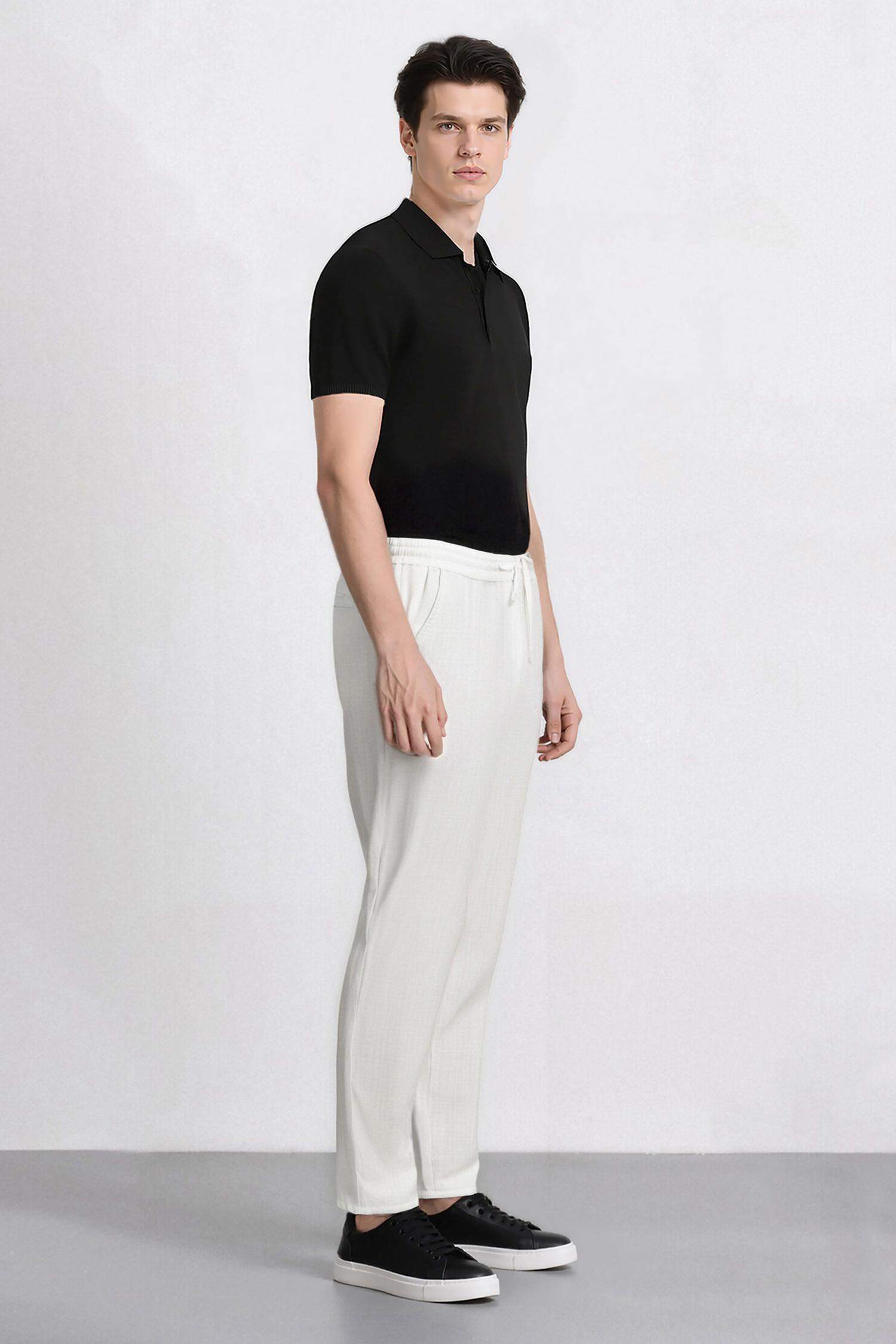 %100 Pamuk Keten Görünümlü Pantolon Beli Lastikli Slim Fit Dar Kesim Cepli Düz Paça