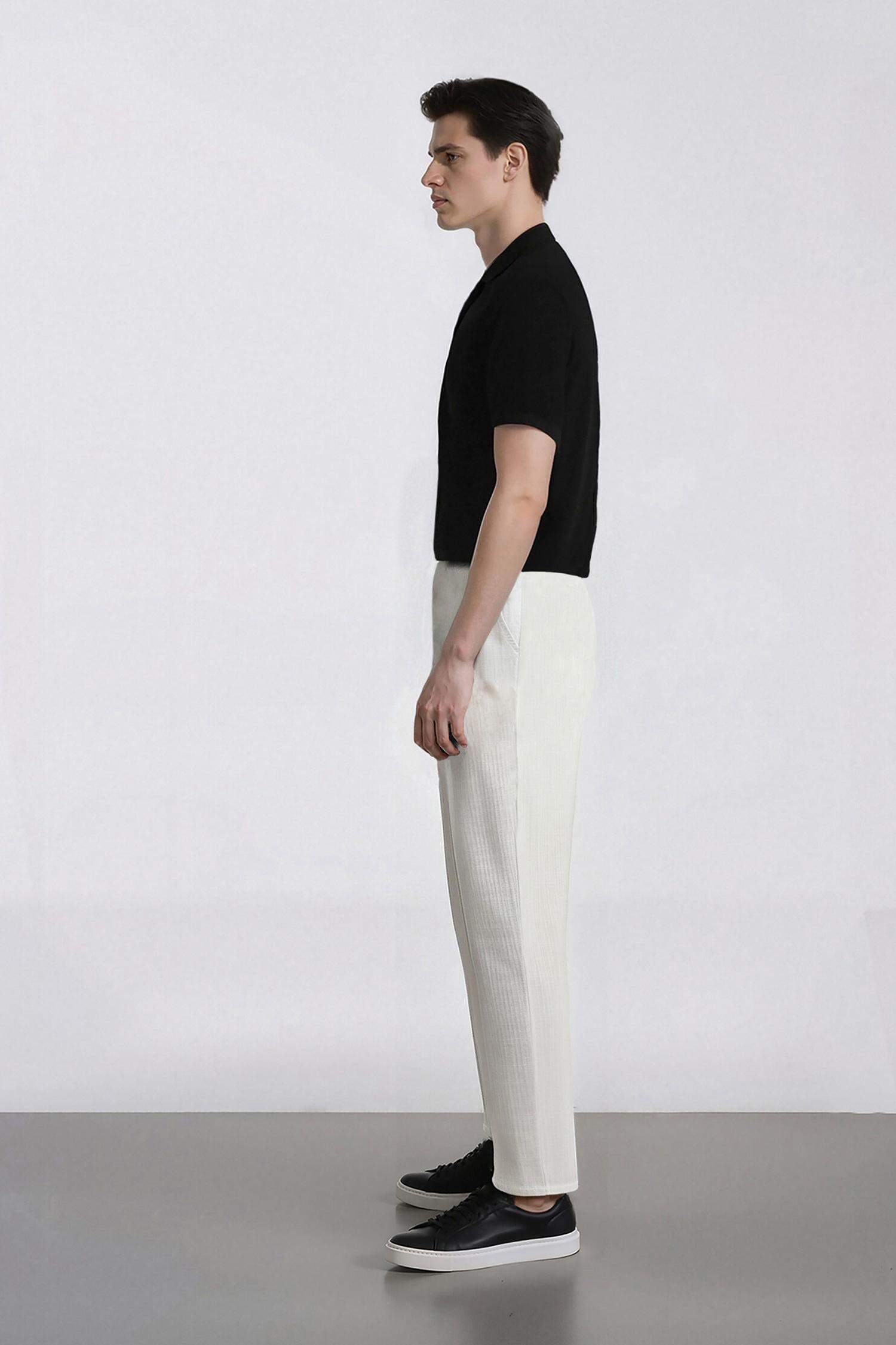 %100 Pamuk Keten Görünümlü Pantolon Beli Lastikli Slim Fit Dar Kesim Cepli Düz Paça