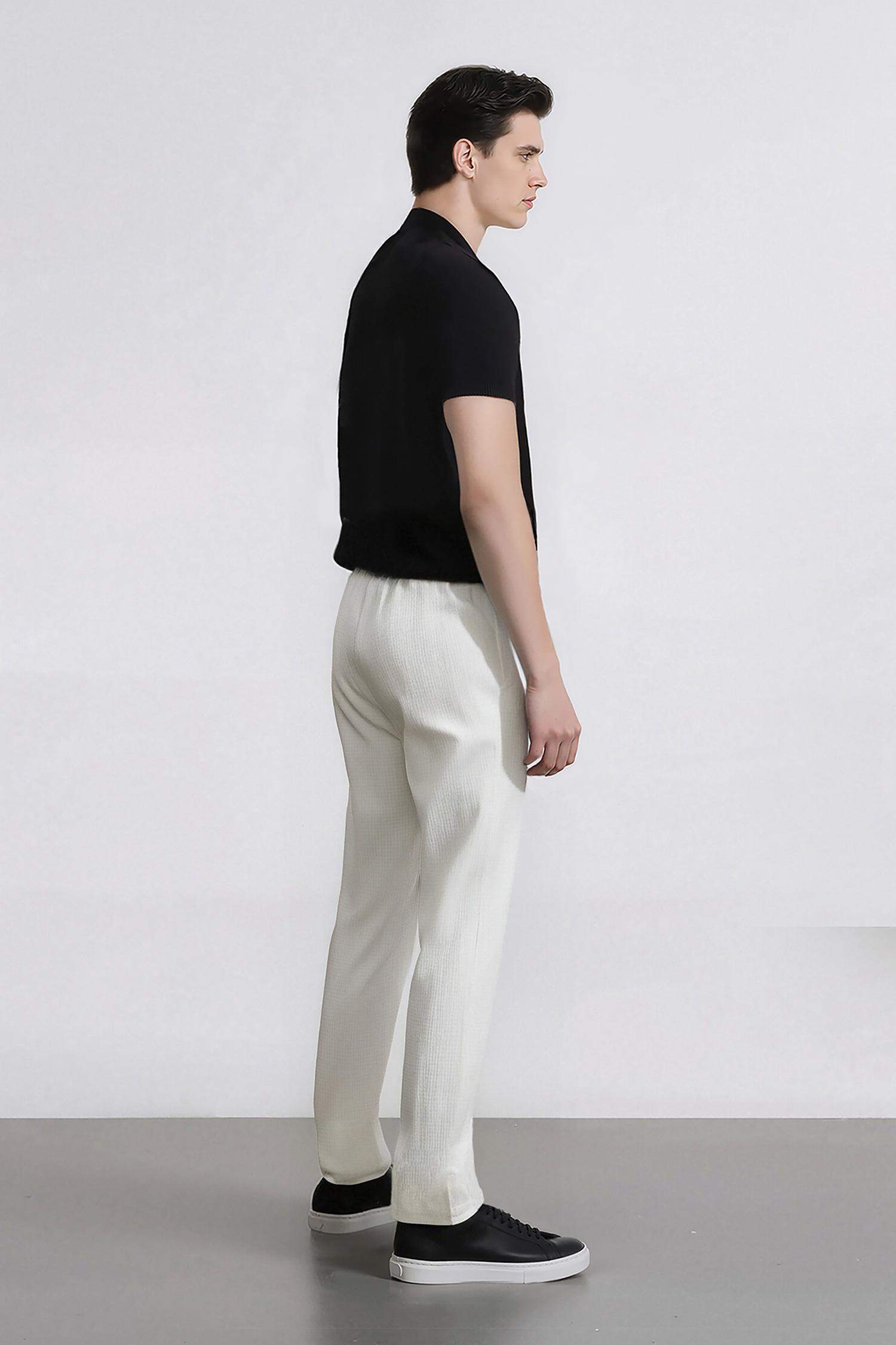 %100 Pamuk Keten Görünümlü Pantolon Beli Lastikli Slim Fit Dar Kesim Cepli Düz Paça