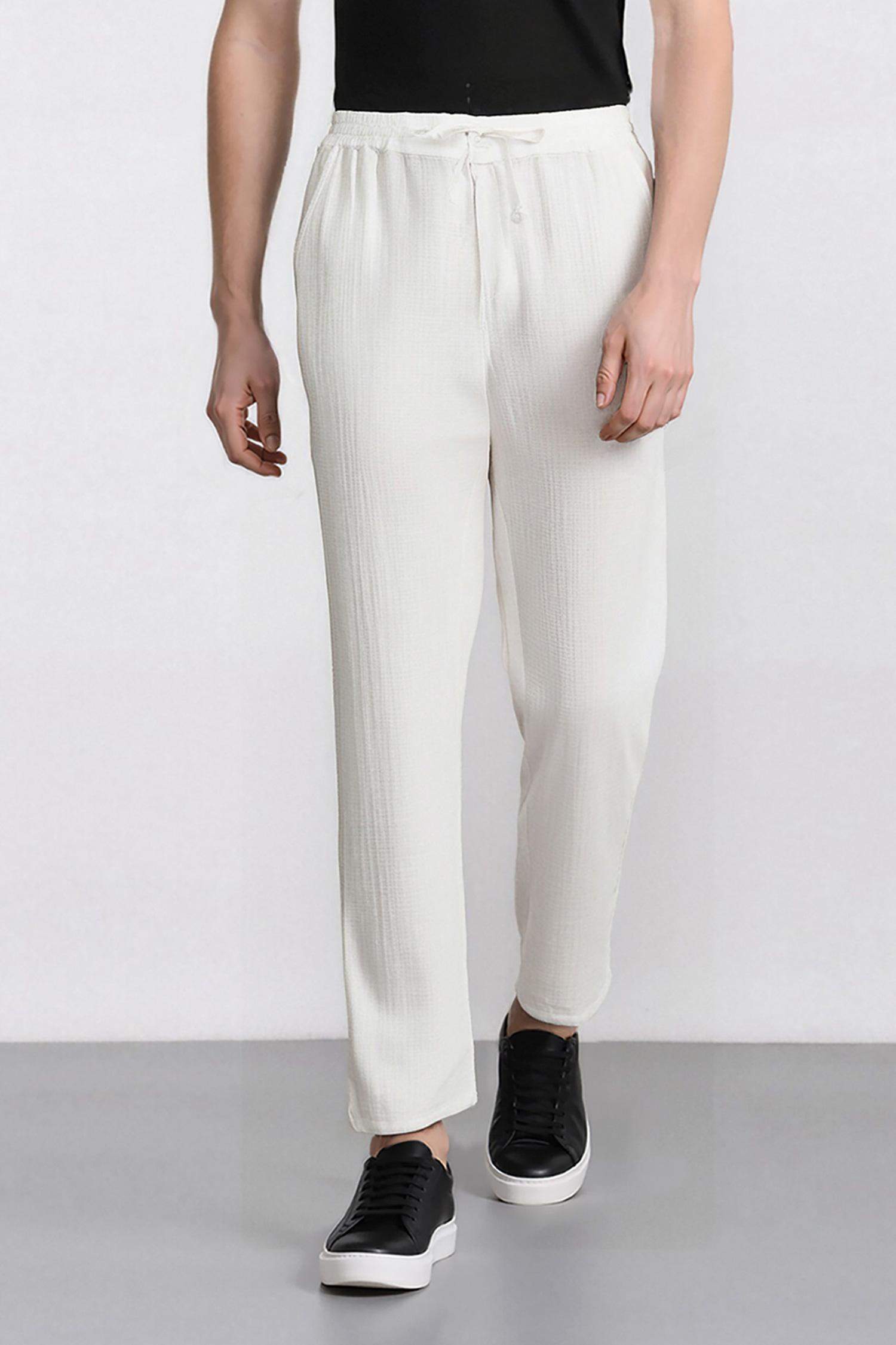 %100 Pamuk Keten Görünümlü Pantolon Beli Lastikli Slim Fit Dar Kesim Cepli Düz Paça