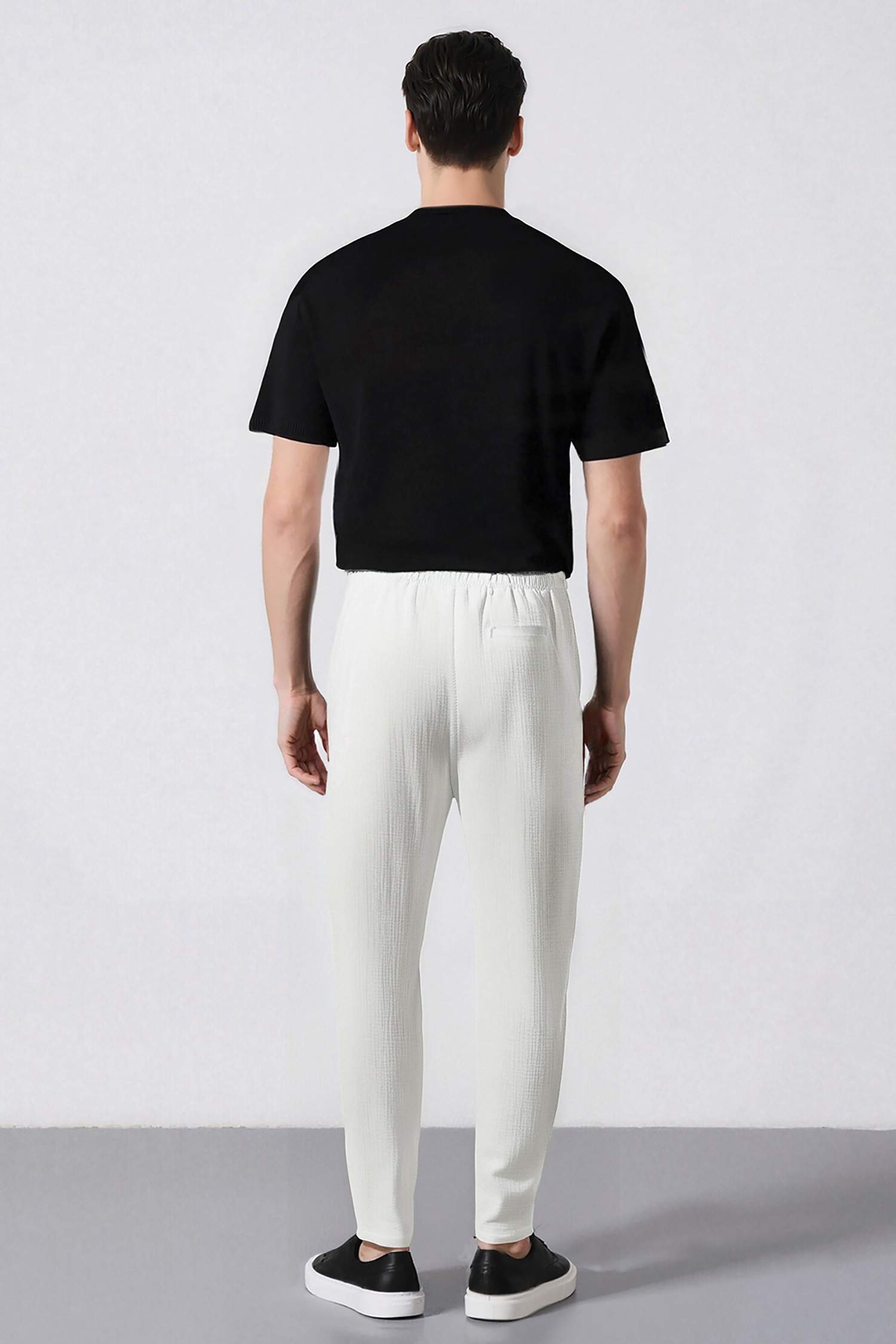 %100 Pamuk Keten Görünümlü Pantolon Beli Lastikli Slim Fit Dar Kesim Cepli Düz Paça