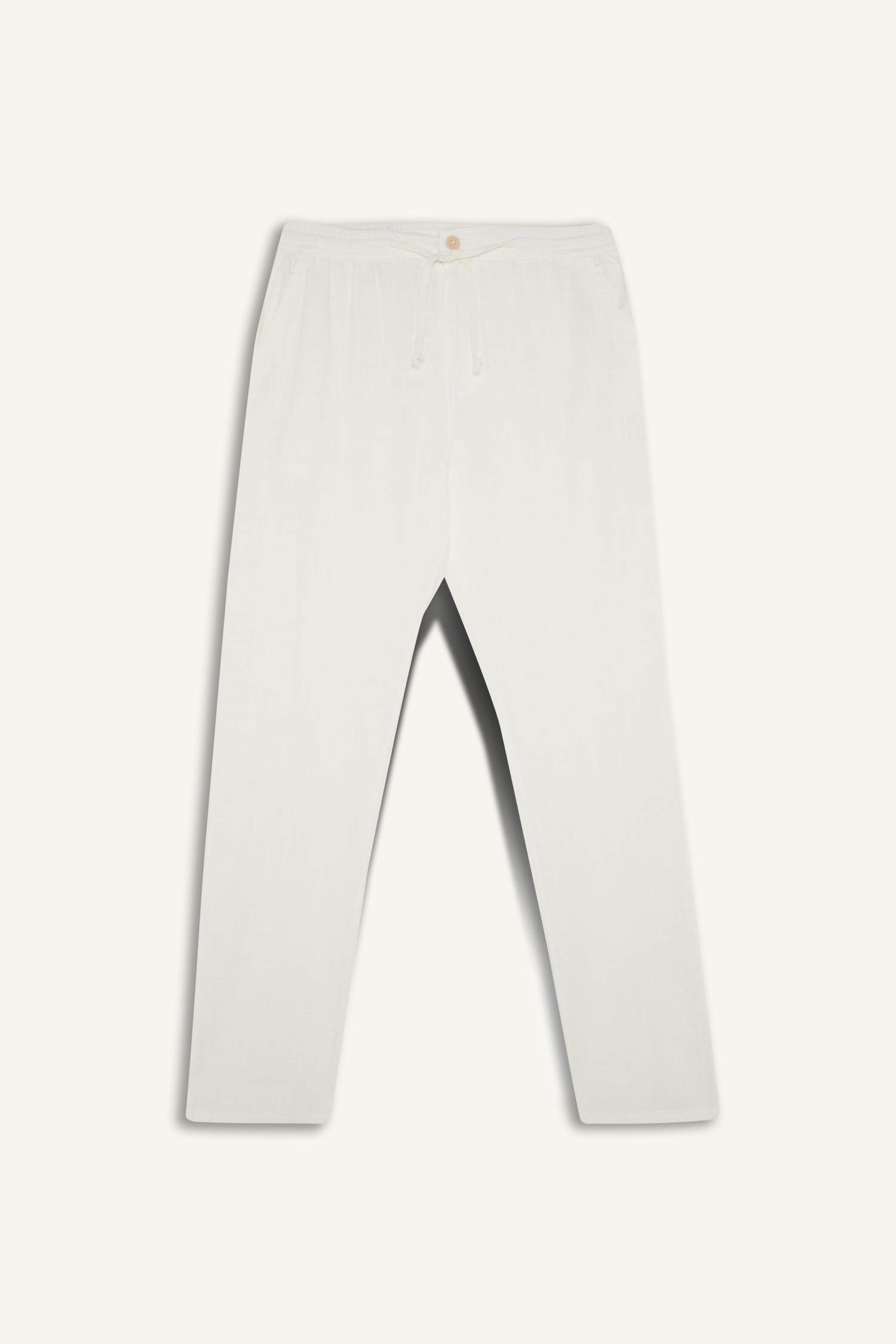 %100 Pamuk Keten Görünümlü Pantolon Beli Lastikli Slim Fit Dar Kesim Cepli Düz Paça