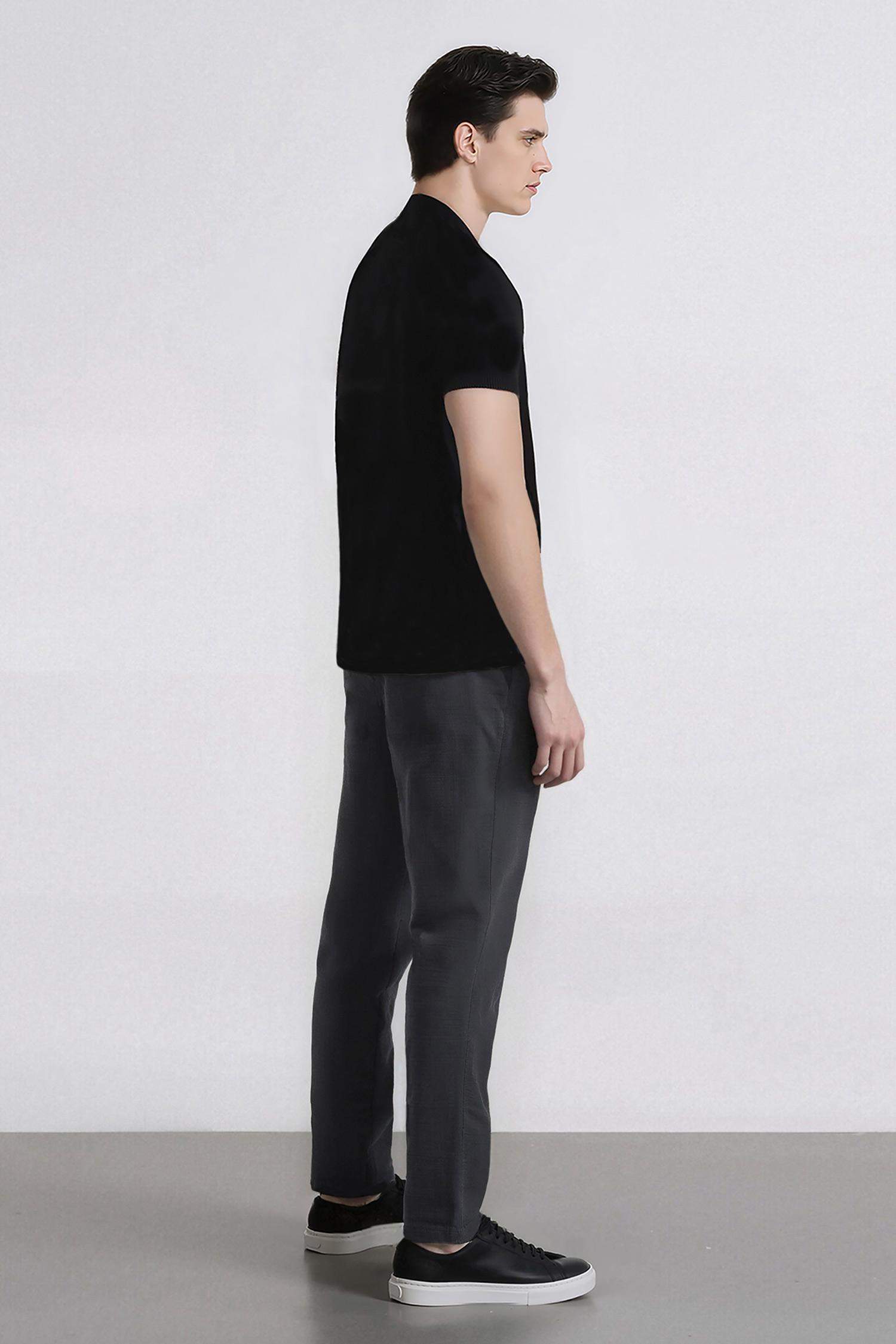 %100 Pamuk Keten Görünümlü Pantolon Beli Lastikli Slim Fit Dar Kesim Cepli Düz Paça