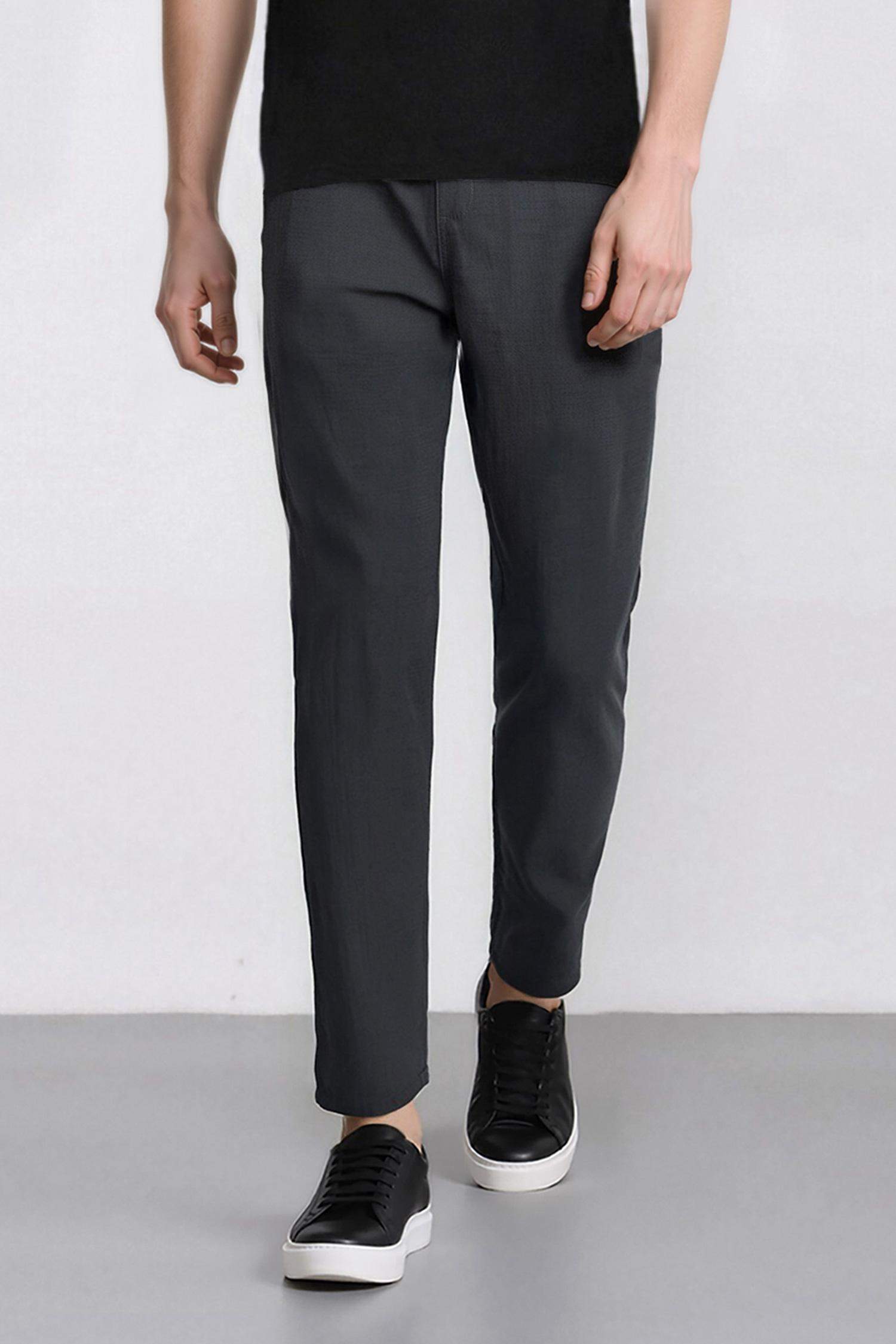 %100 Pamuk Keten Görünümlü Pantolon Beli Lastikli Slim Fit Dar Kesim Cepli Düz Paça