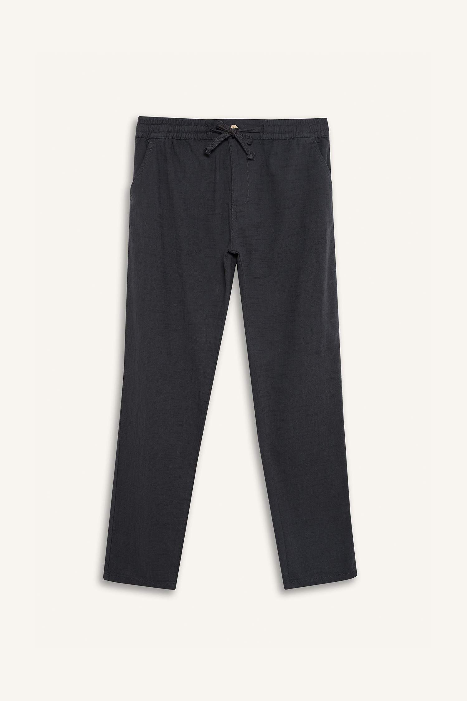 %100 Pamuk Keten Görünümlü Pantolon Beli Lastikli Slim Fit Dar Kesim Cepli Düz Paça