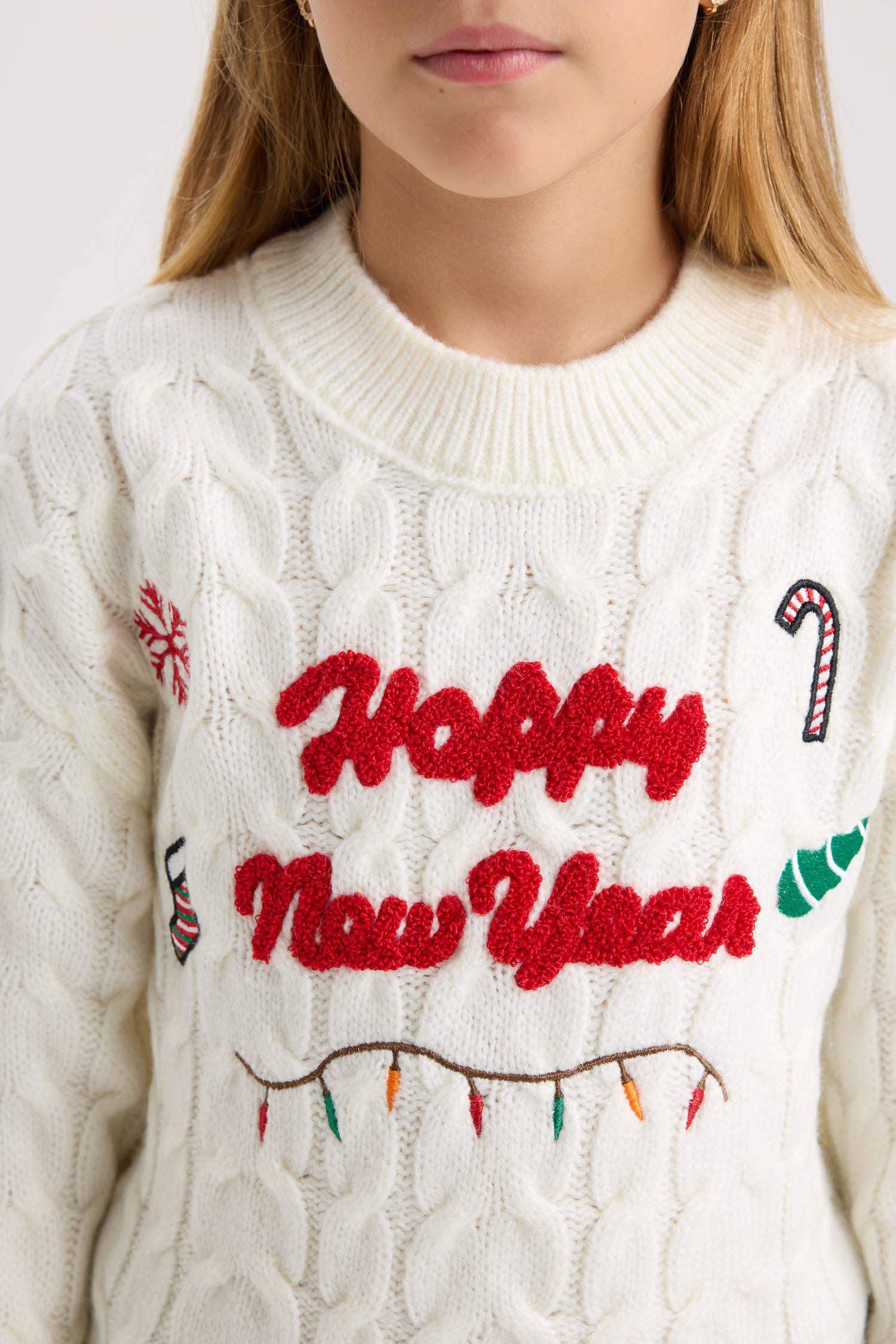 Kız Çocuk Ekru Oversize Geniş Kalıp Bisiklet Yaka Yılbaşı Temalı Triko Kazak