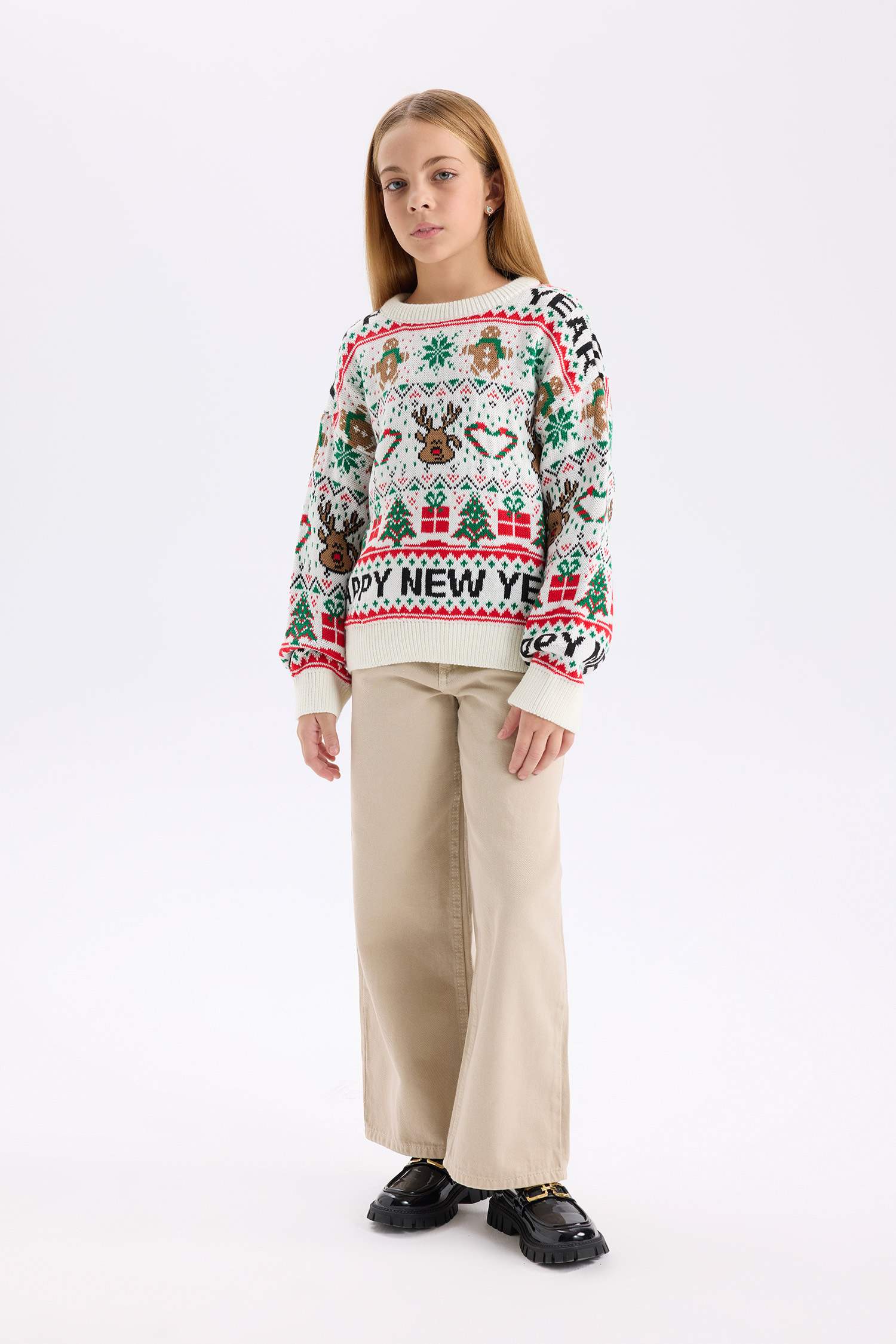 Kız Çocuk Bisiklet Yaka Yılbaşı Temalı Triko Kazak