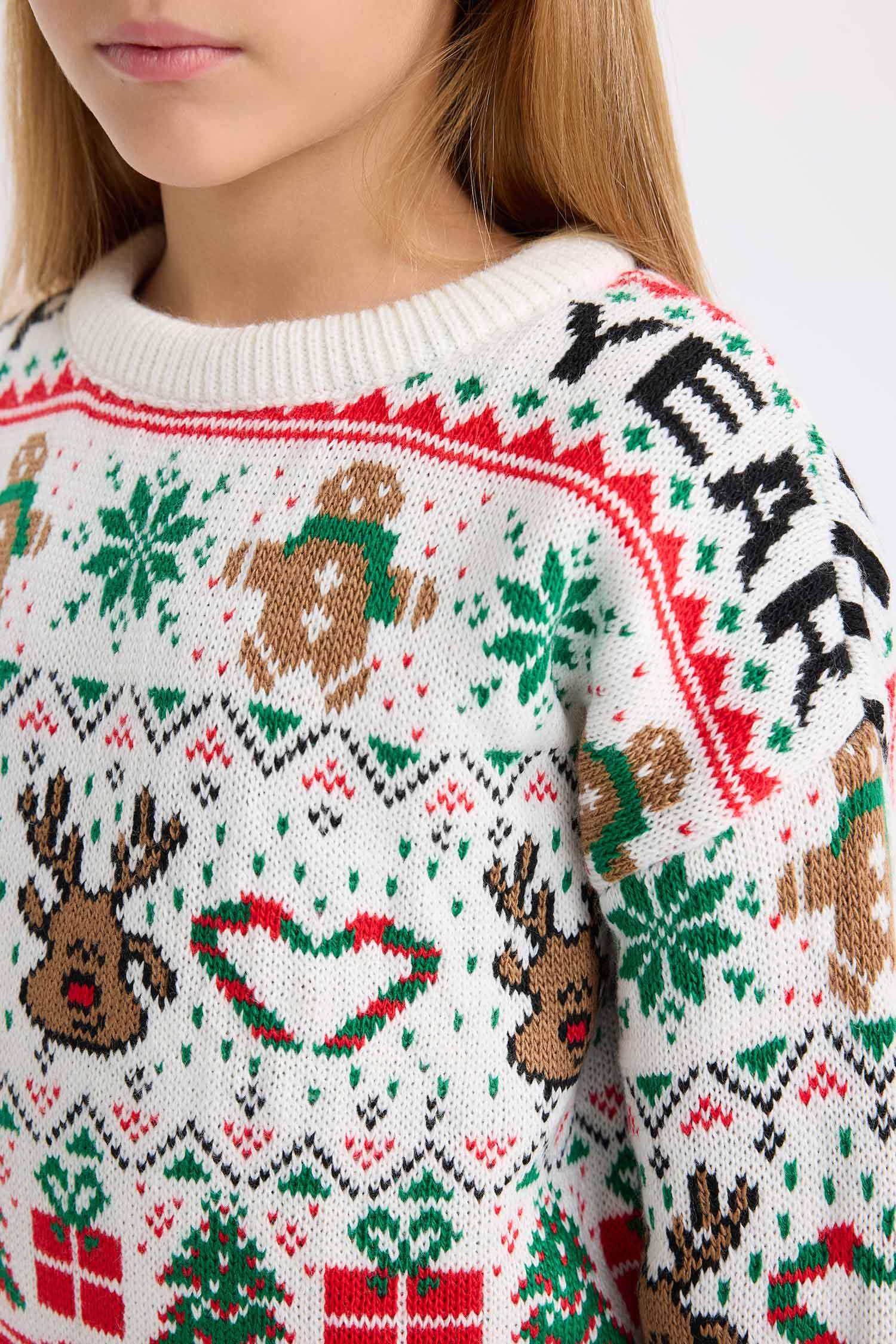 Kız Çocuk Bisiklet Yaka Yılbaşı Temalı Triko Kazak