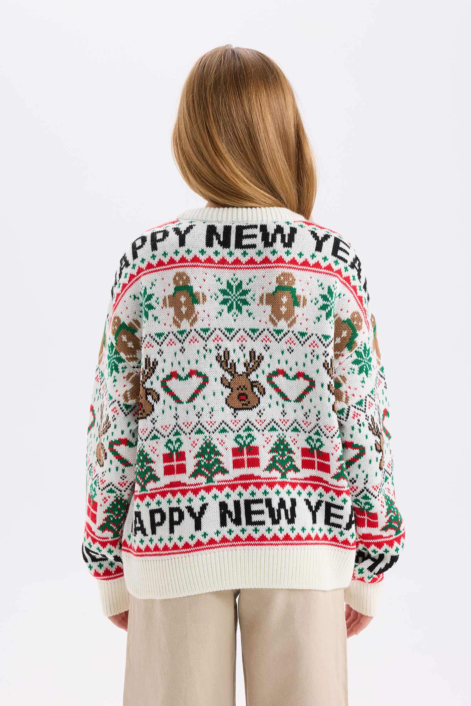 Kız Çocuk Bisiklet Yaka Yılbaşı Temalı Triko Kazak