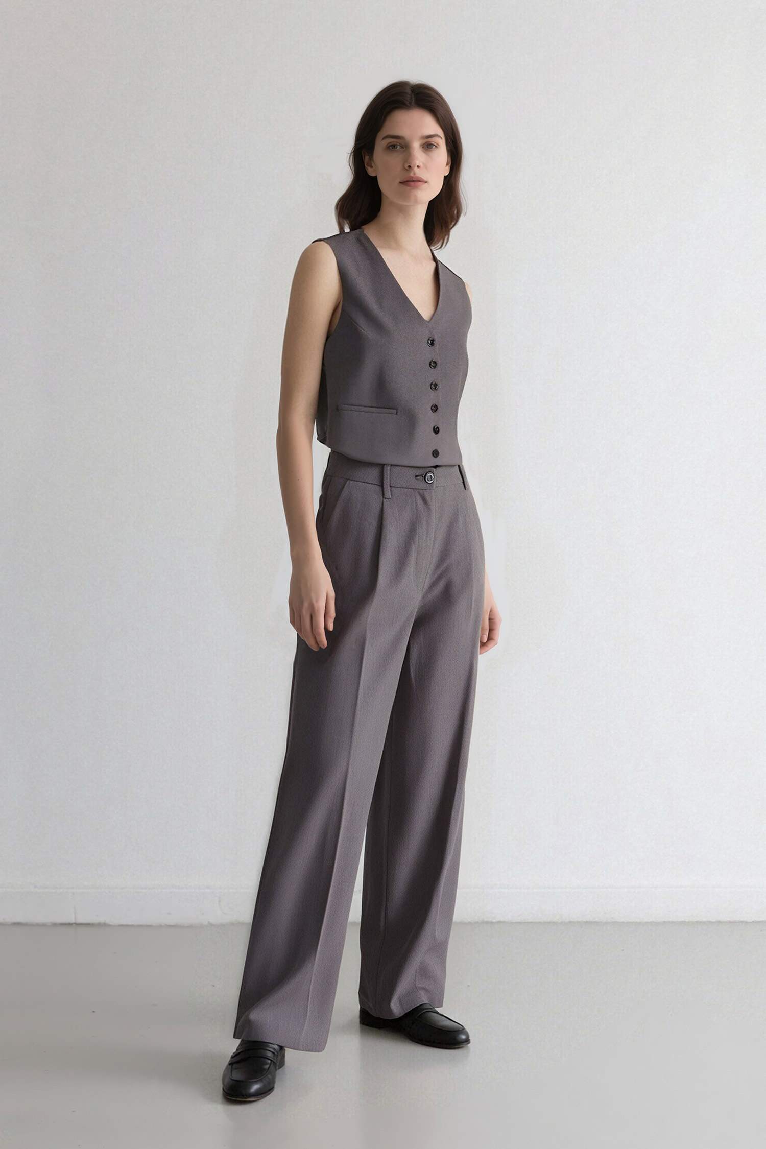 بنطلون وايد ليج برجل واسع بجيب وخصر عالي