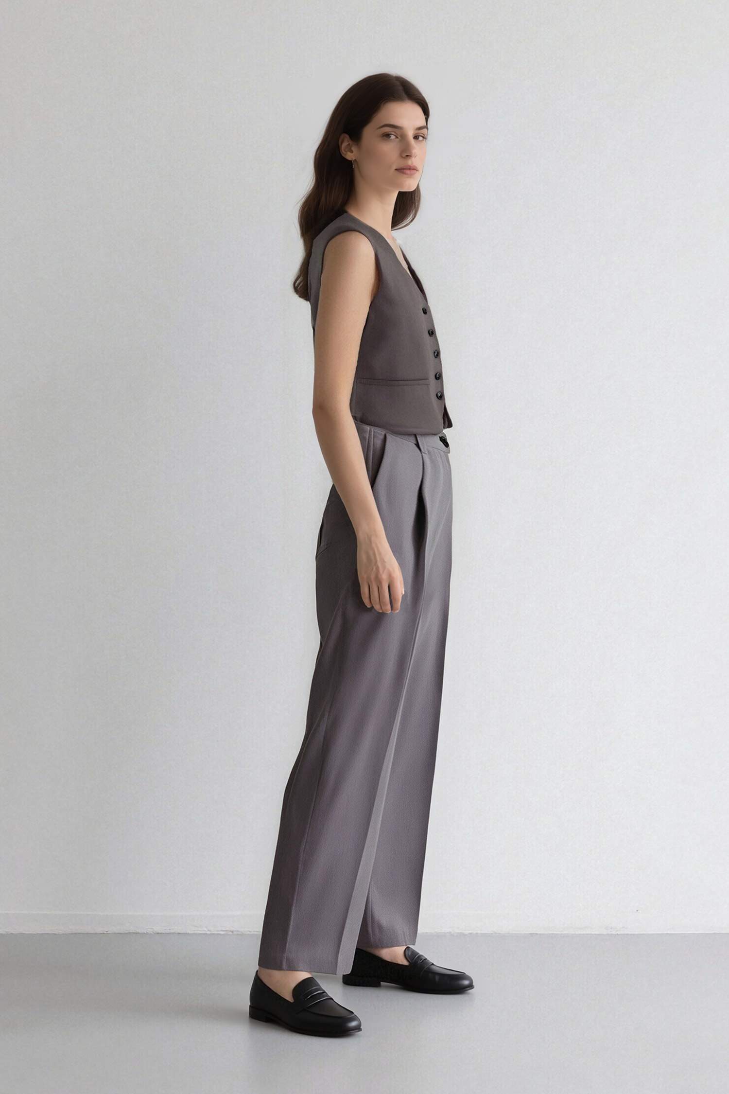 بنطلون وايد ليج برجل واسع بجيب وخصر عالي