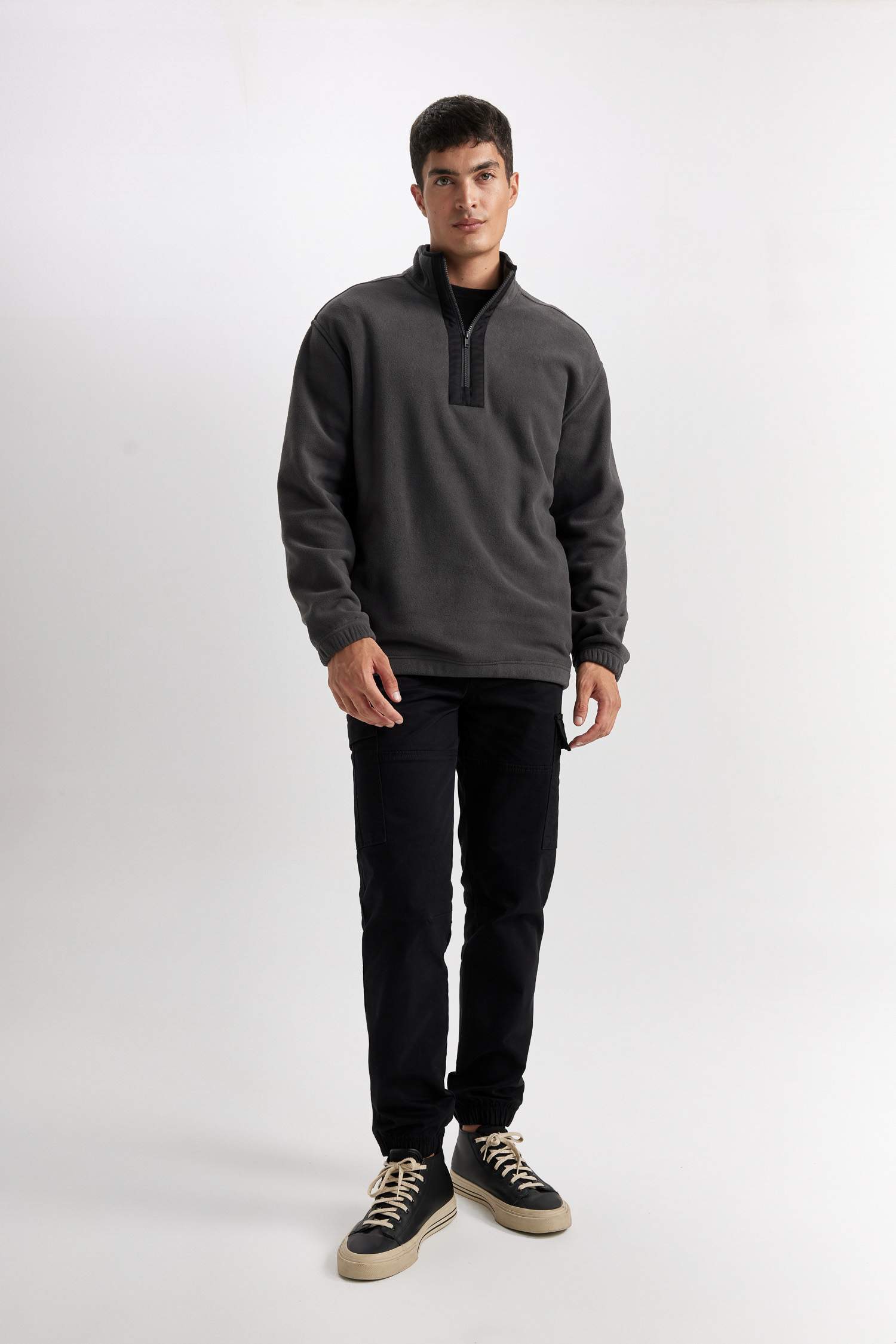 Relax Fit Dik Yaka Fermuarlı Polar Sweatshirt