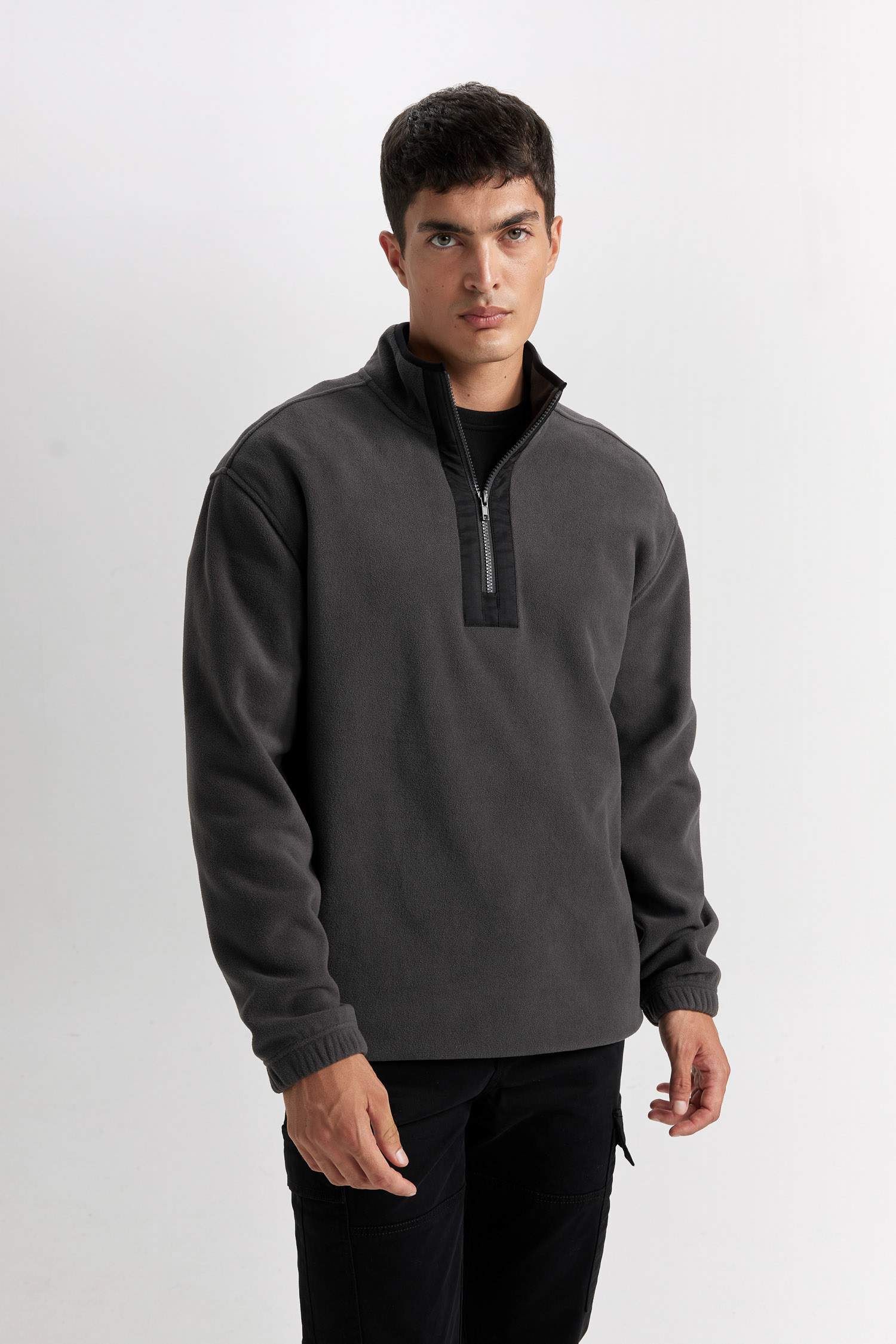 Relax Fit Dik Yaka Fermuarlı Polar Sweatshirt