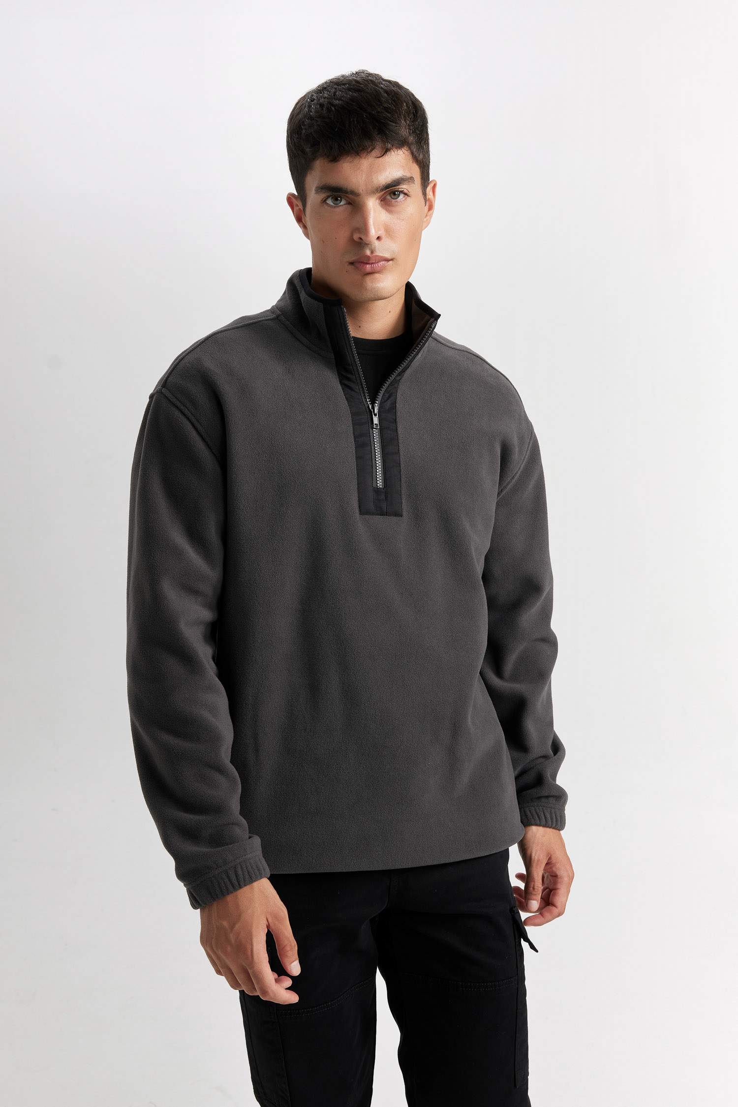 Relax Fit Dik Yaka Fermuarlı Polar Sweatshirt