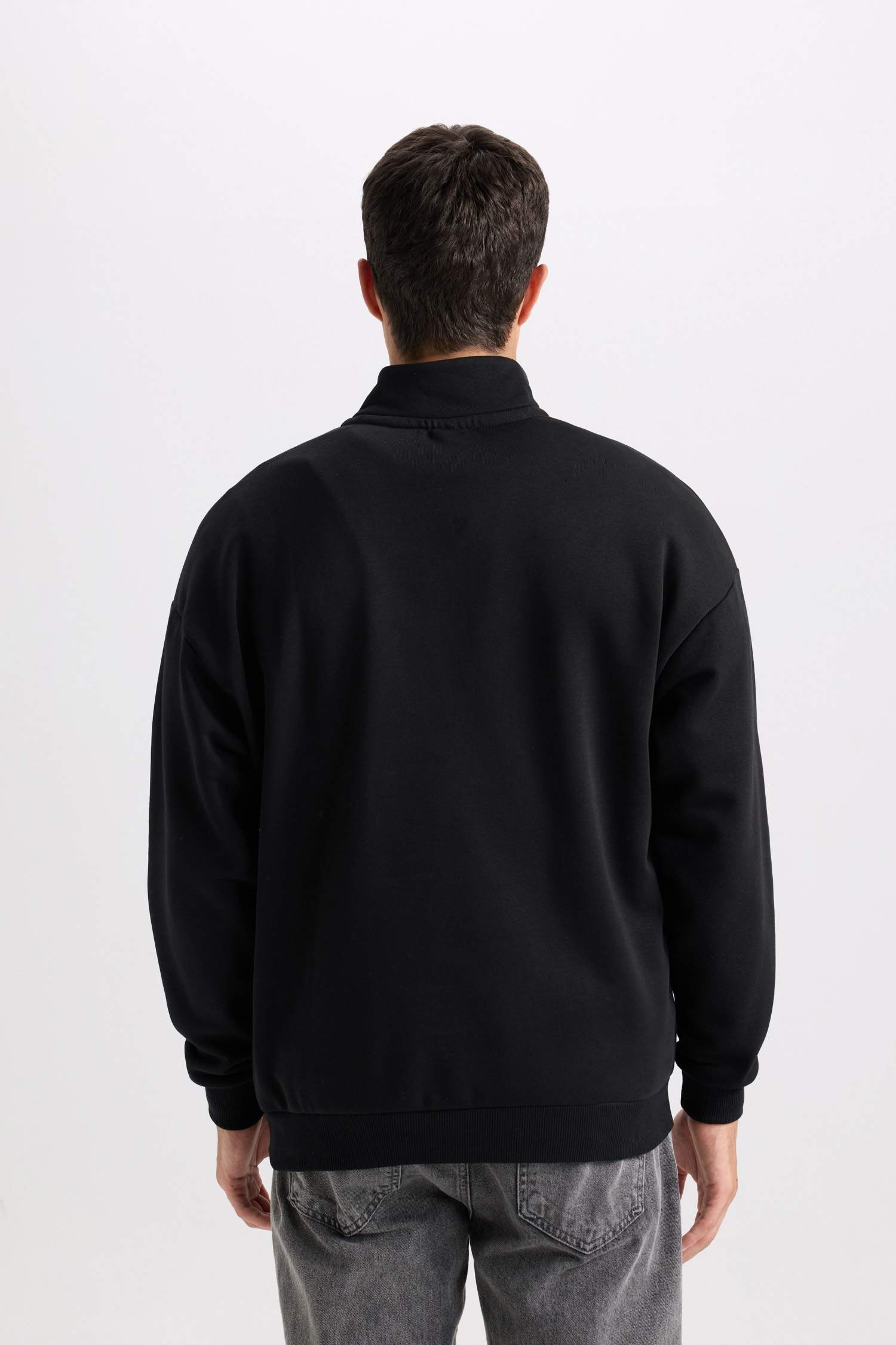 Boxy Fit Dik Yaka Yarım Fermuarlı Baskılı Sweatshirt