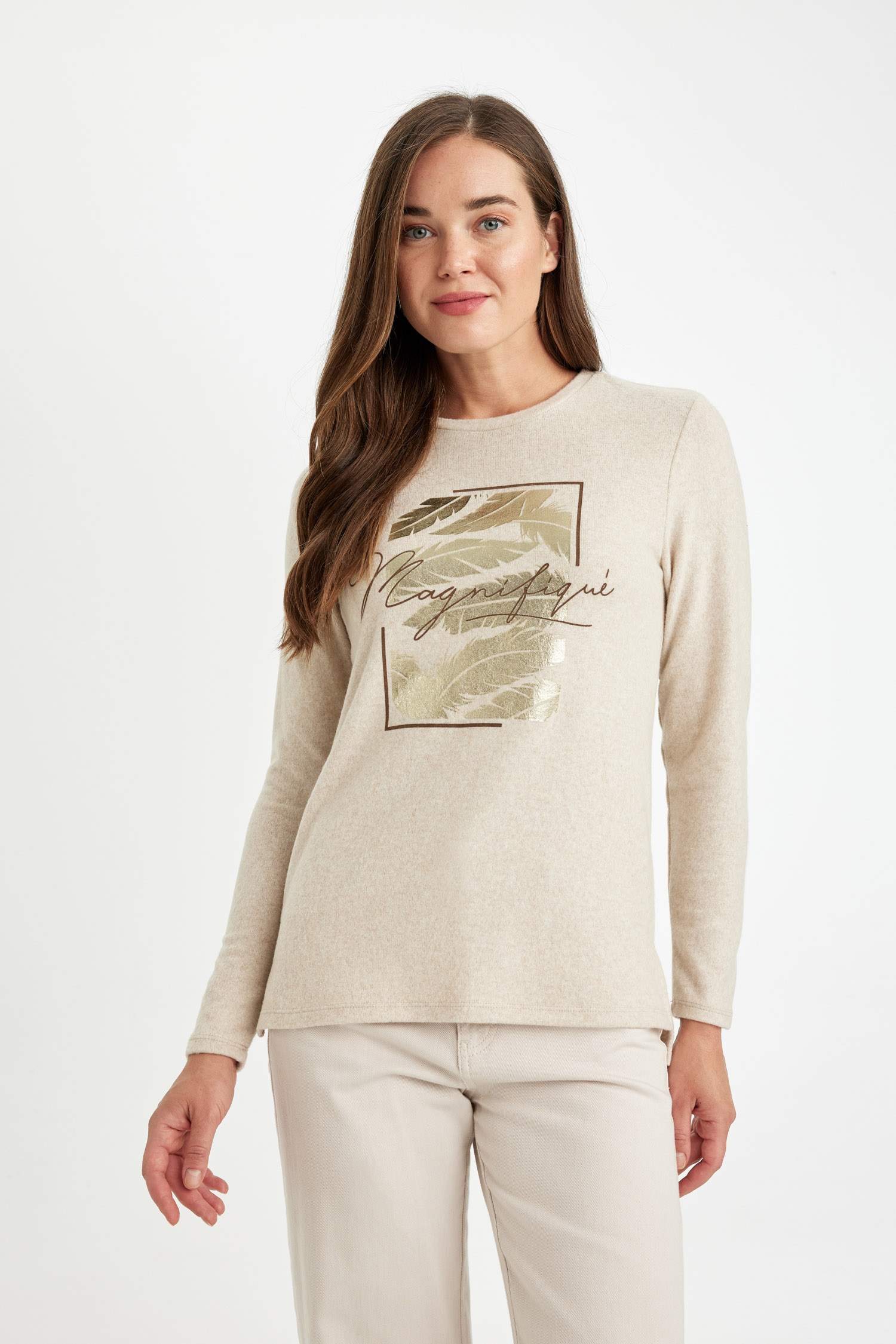 Relax Fit Bisiklet Yaka Parlak Baskılı Uzun Kollu Tişört