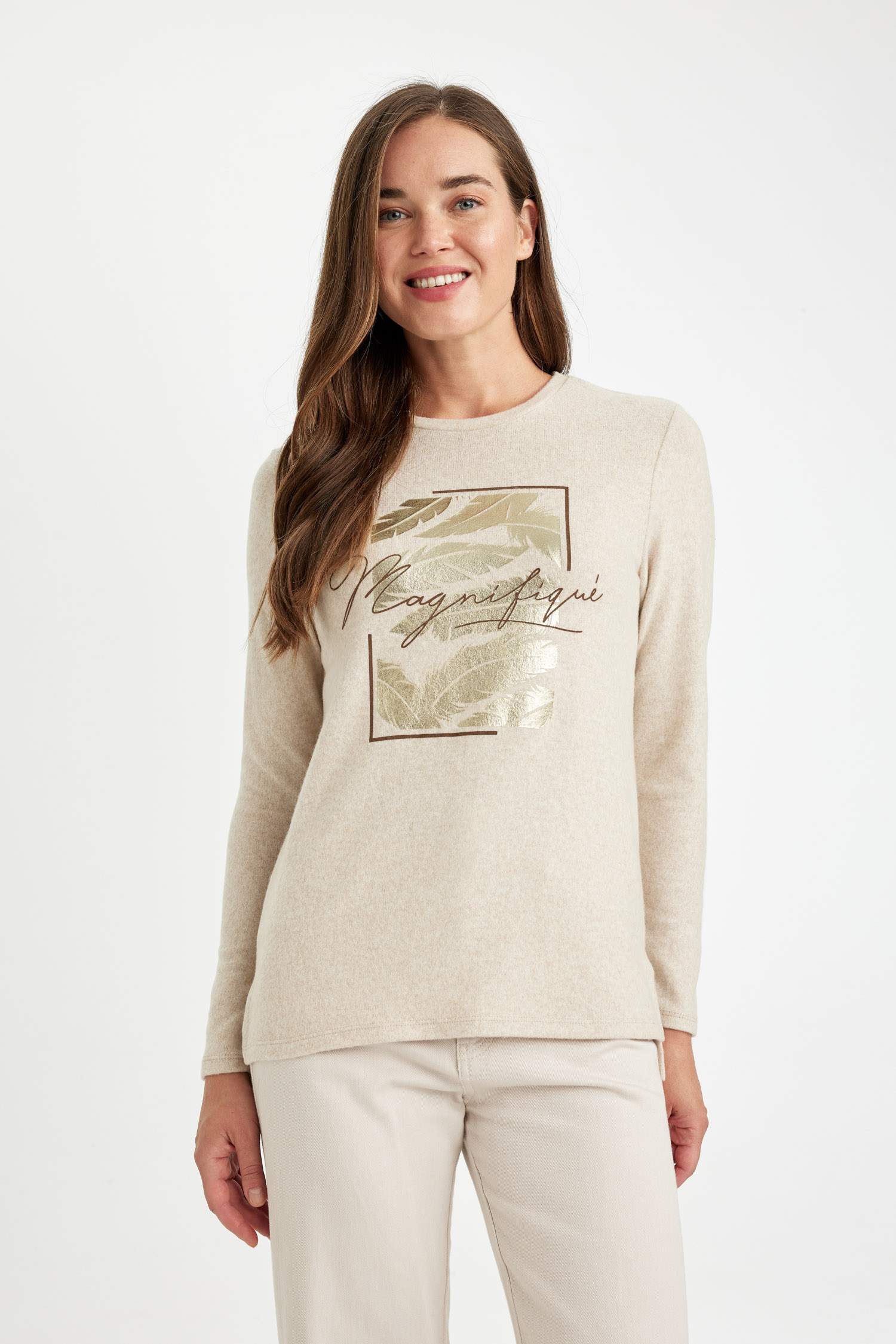 Relax Fit Bisiklet Yaka Parlak Baskılı Uzun Kollu Tişört