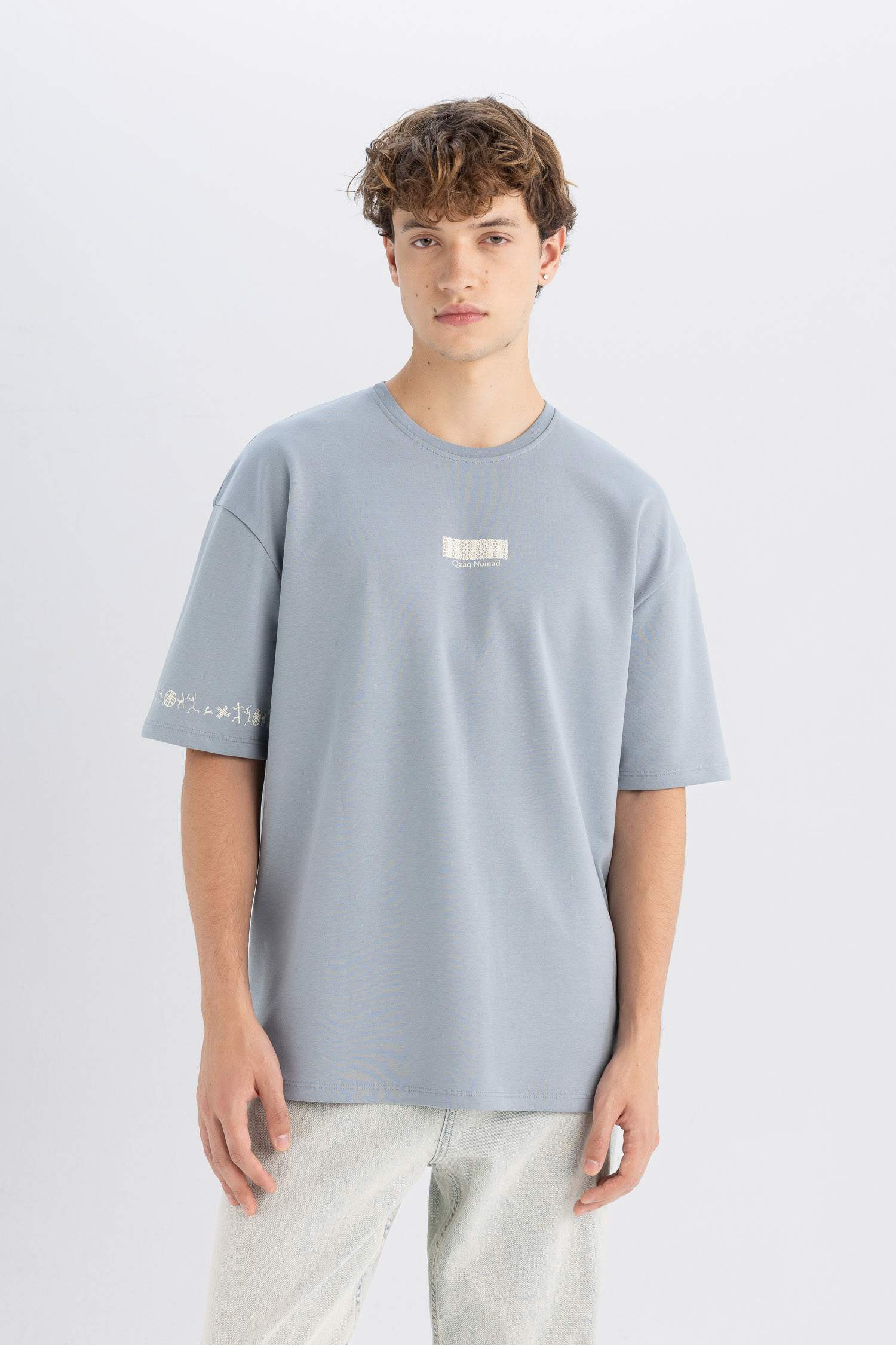 Oversize Fit Bisiklet Yaka Baskılı Ağır Kumaş Tişört