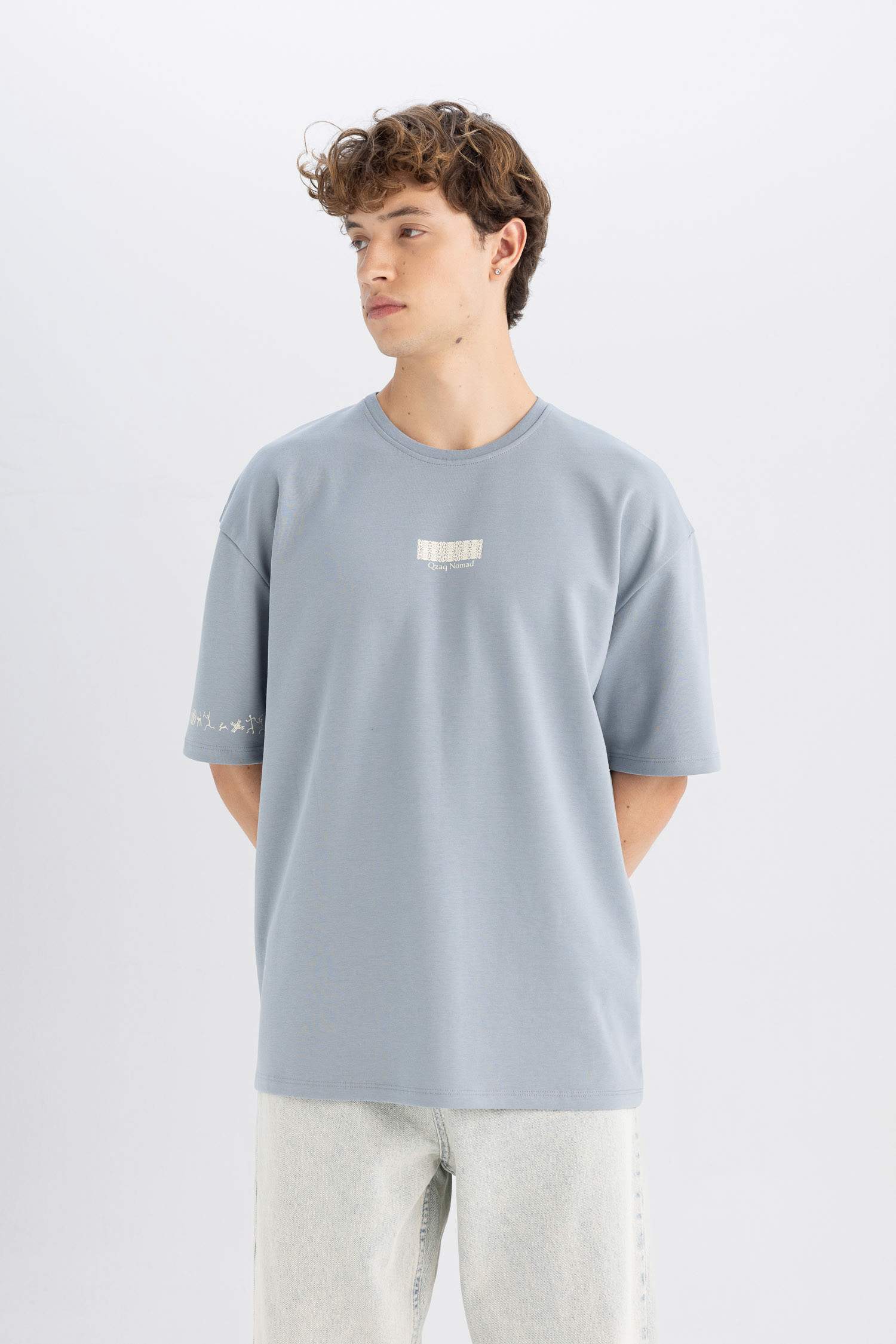 Oversize Fit Bisiklet Yaka Baskılı Ağır Kumaş Tişört