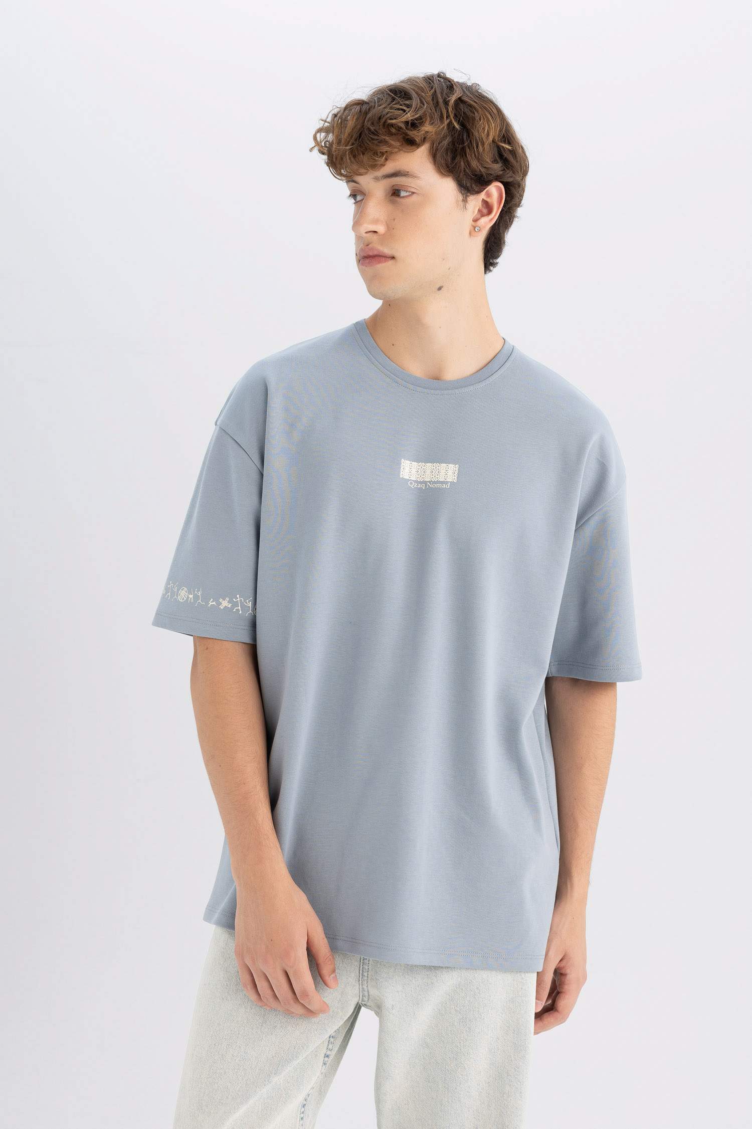 Oversize Fit Bisiklet Yaka Baskılı Ağır Kumaş Tişört