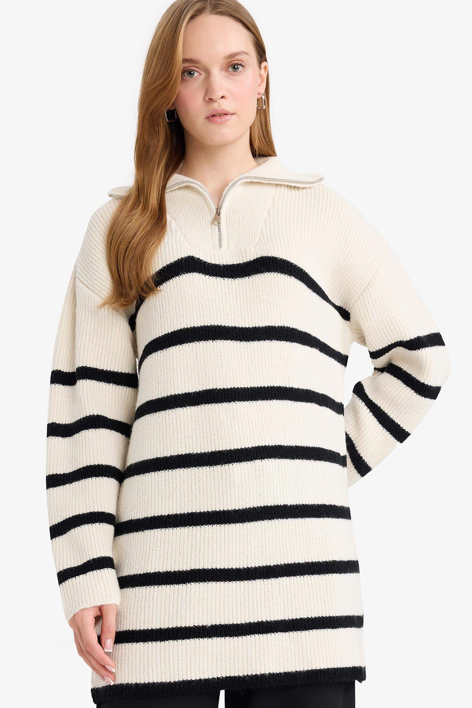 Regular Fit Half Zipper Stripped Knitwear Pullover