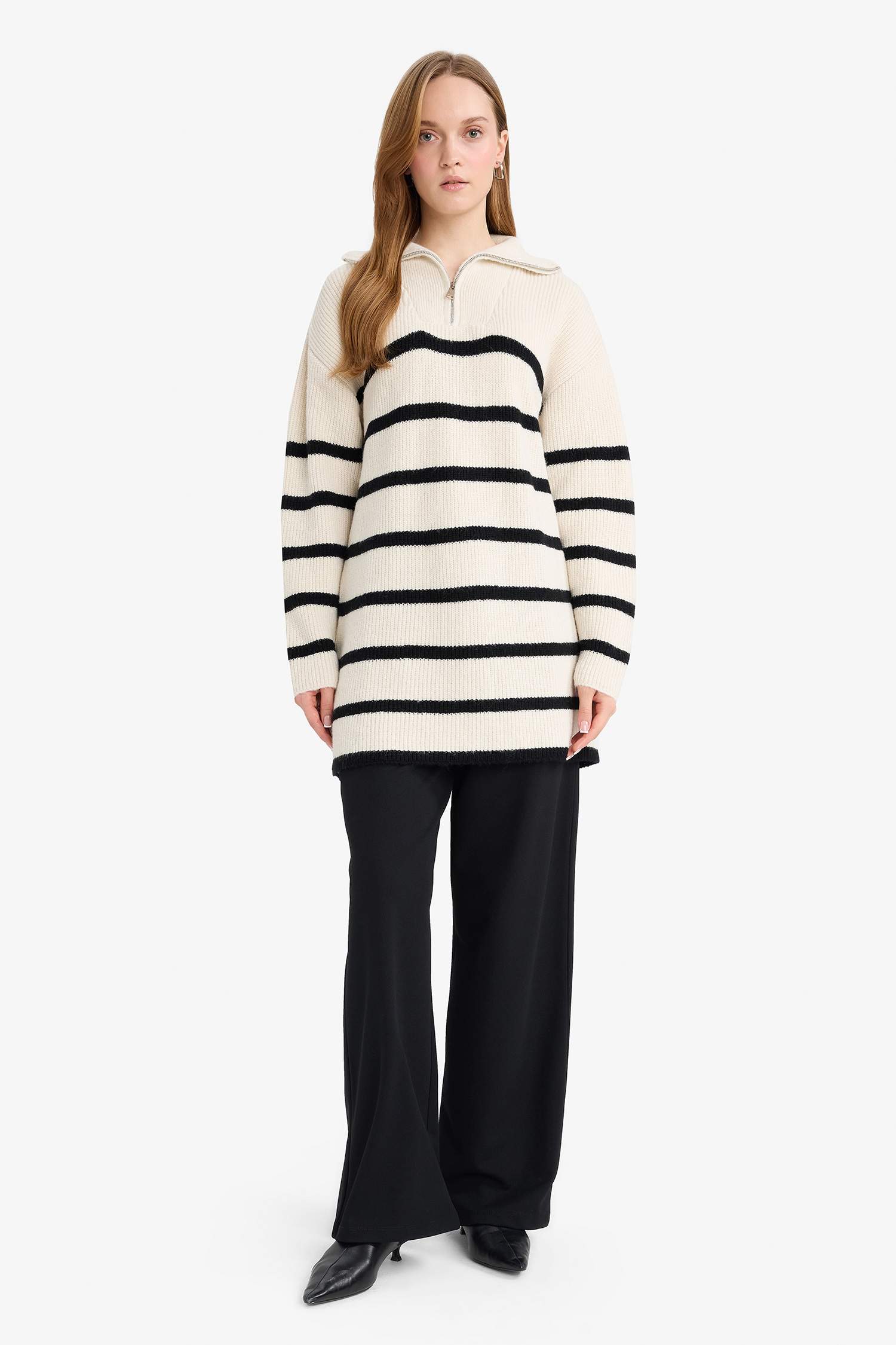 Regular Fit Half Zipper Stripped Knitwear Pullover