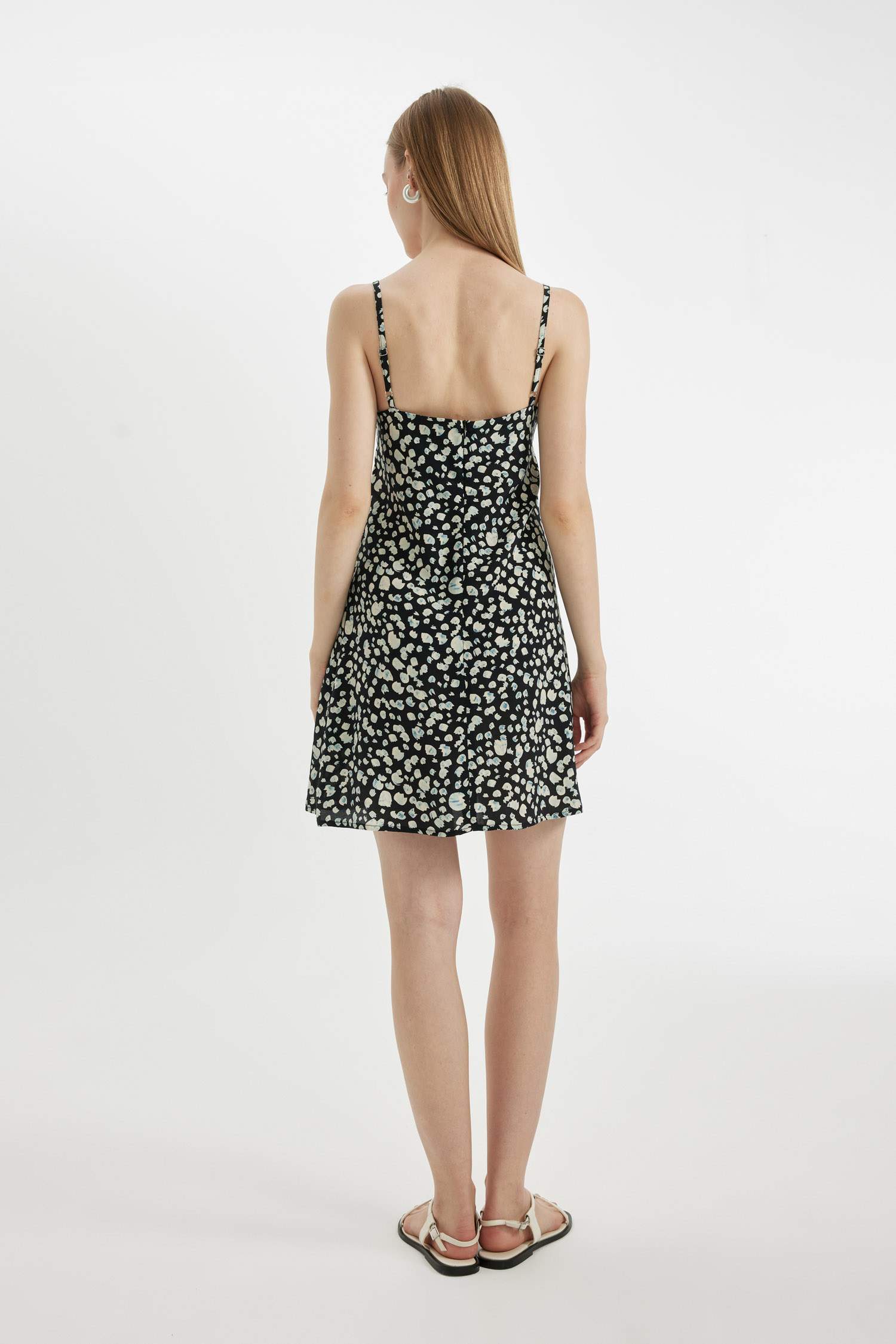 فستان نص كم قصير مطبوعة القماش المنسوج برقبة V