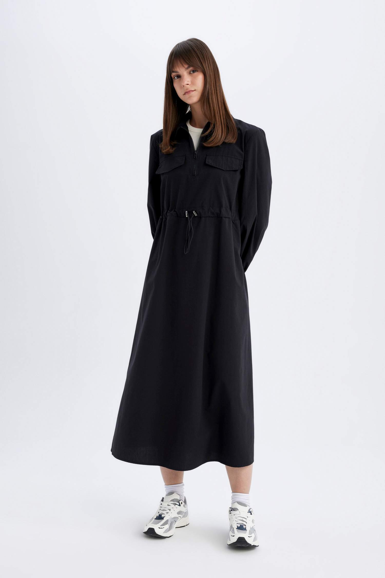 Shirt Collar Poplin Long Sleeve Maxi Dress