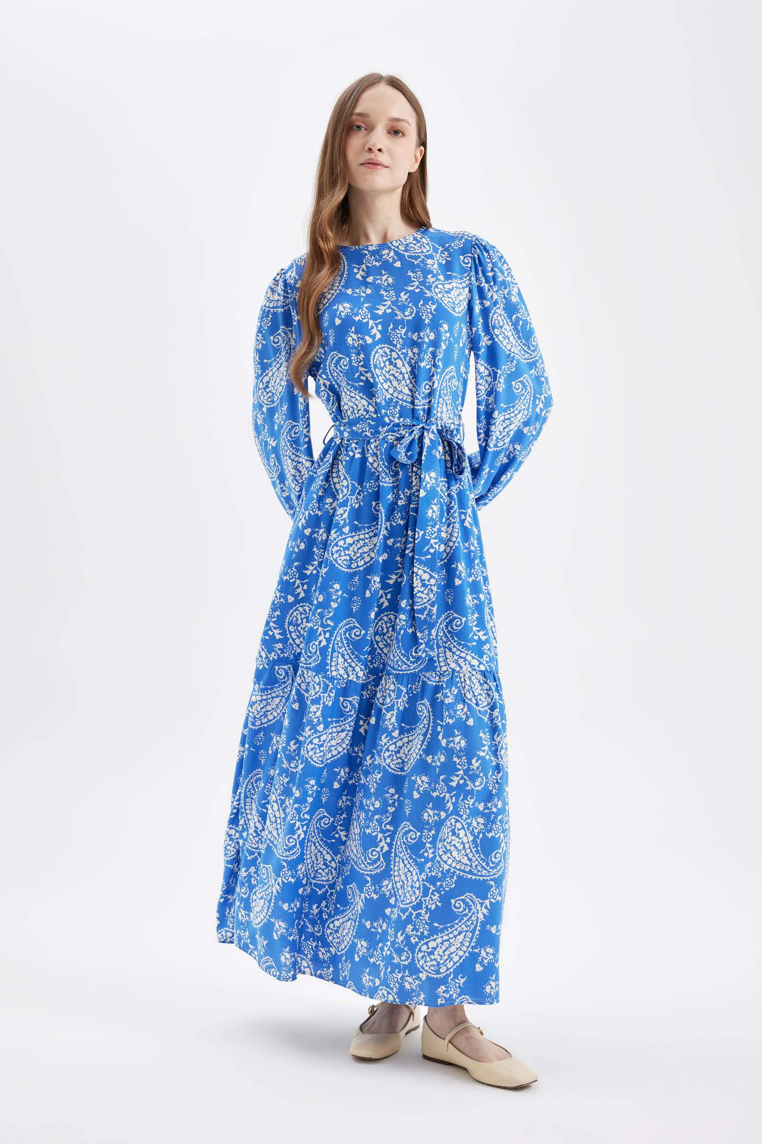 Robe Longue en Viscose à Manches Longues à Motif et col rond