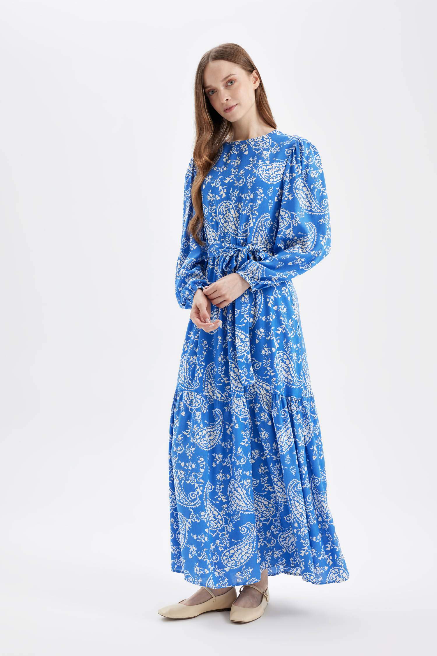 Robe Longue en Viscose à Manches Longues à Motif et col rond