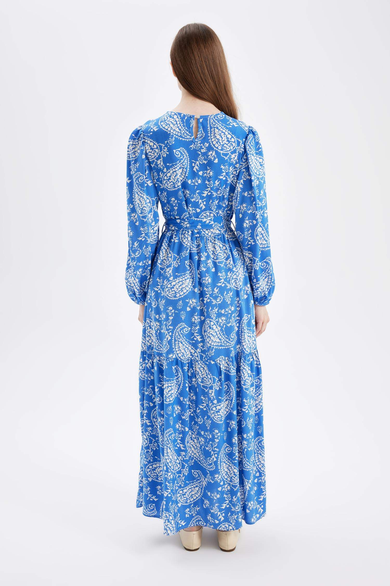 Robe Longue en Viscose à Manches Longues à Motif et col rond