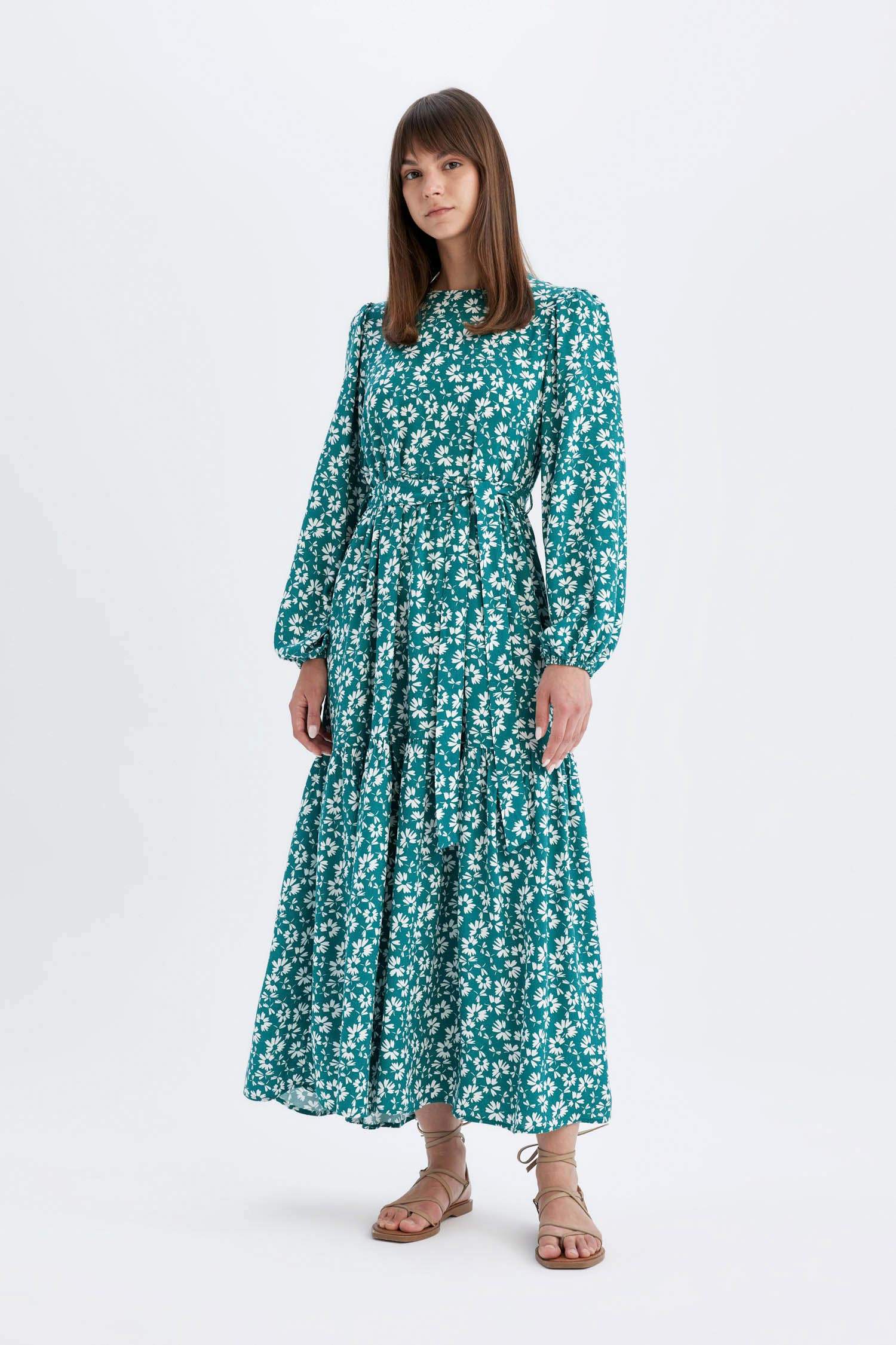 فستان كم طويل مطبوعة فيسكوز بياقة مستديرة