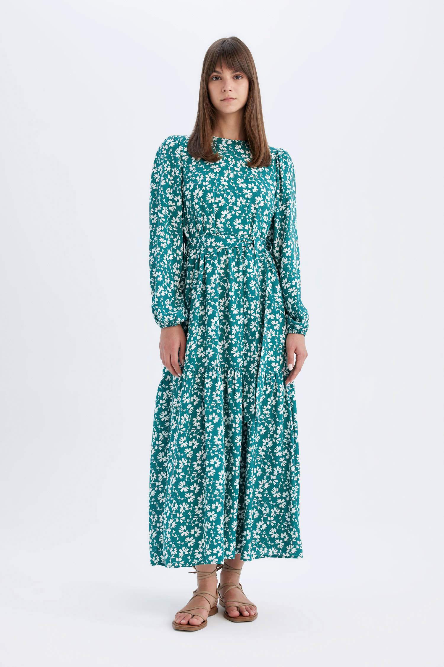 فستان كم طويل مطبوعة فيسكوز بياقة مستديرة