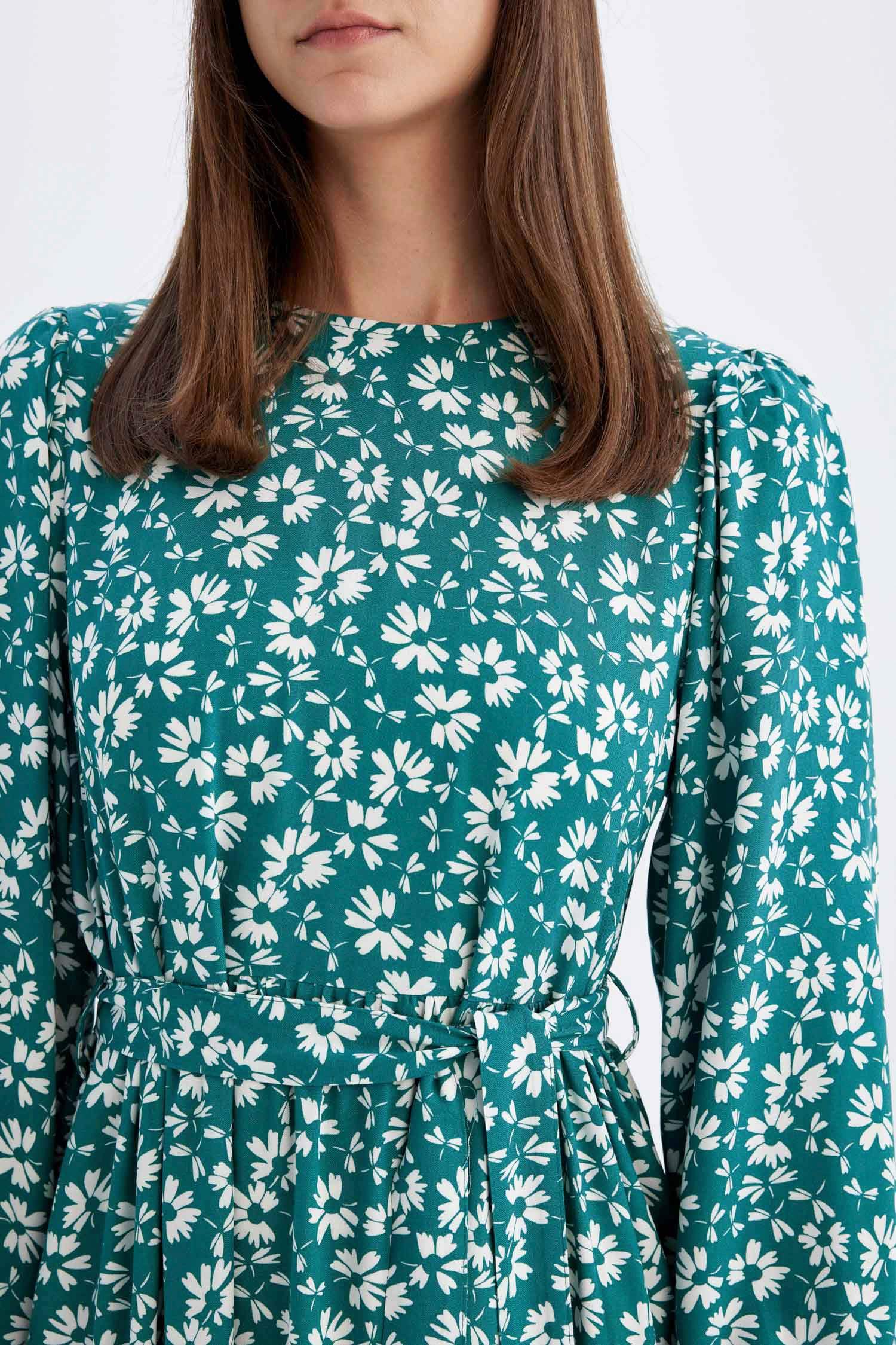 فستان كم طويل مطبوعة فيسكوز بياقة مستديرة