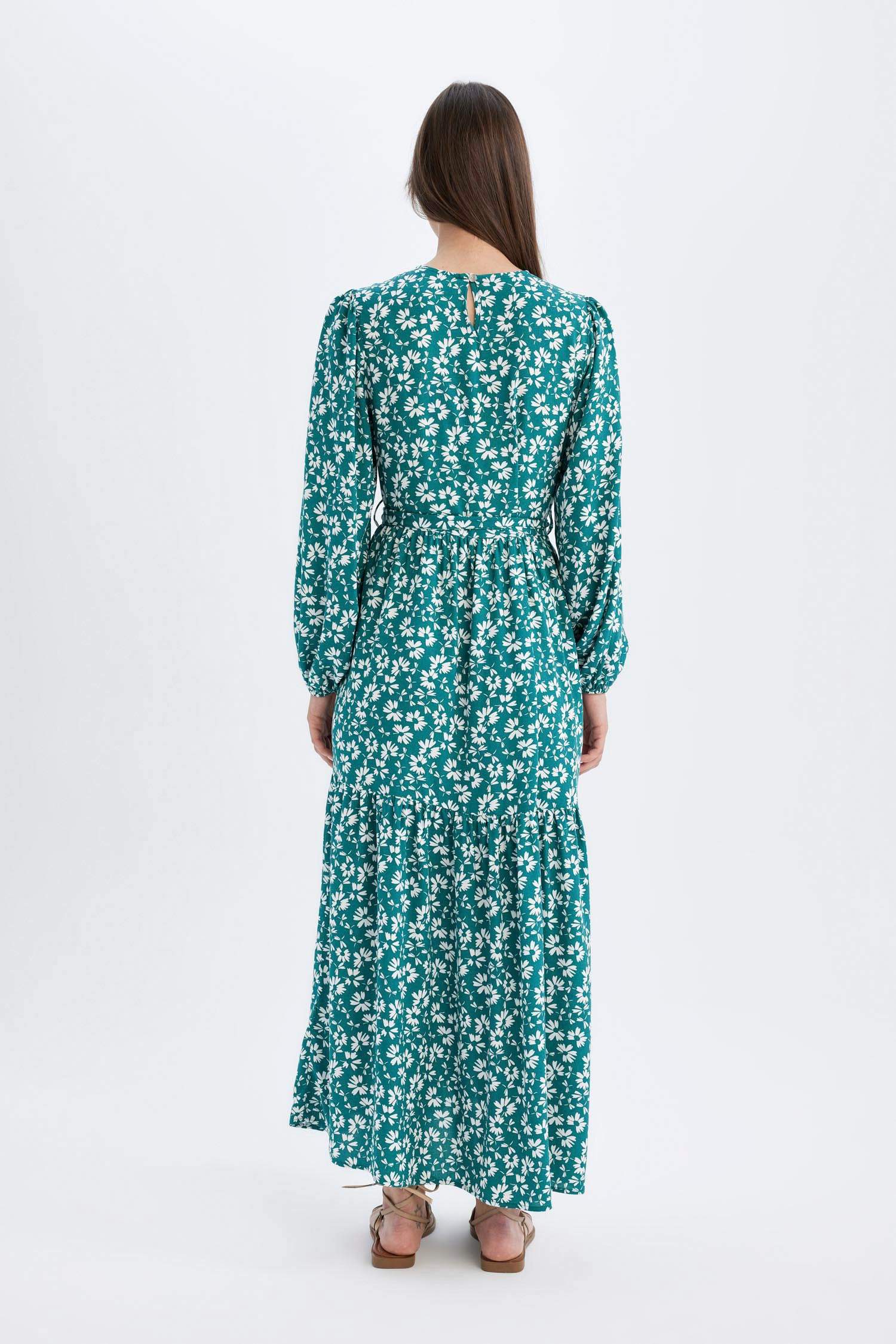 فستان كم طويل مطبوعة فيسكوز بياقة مستديرة