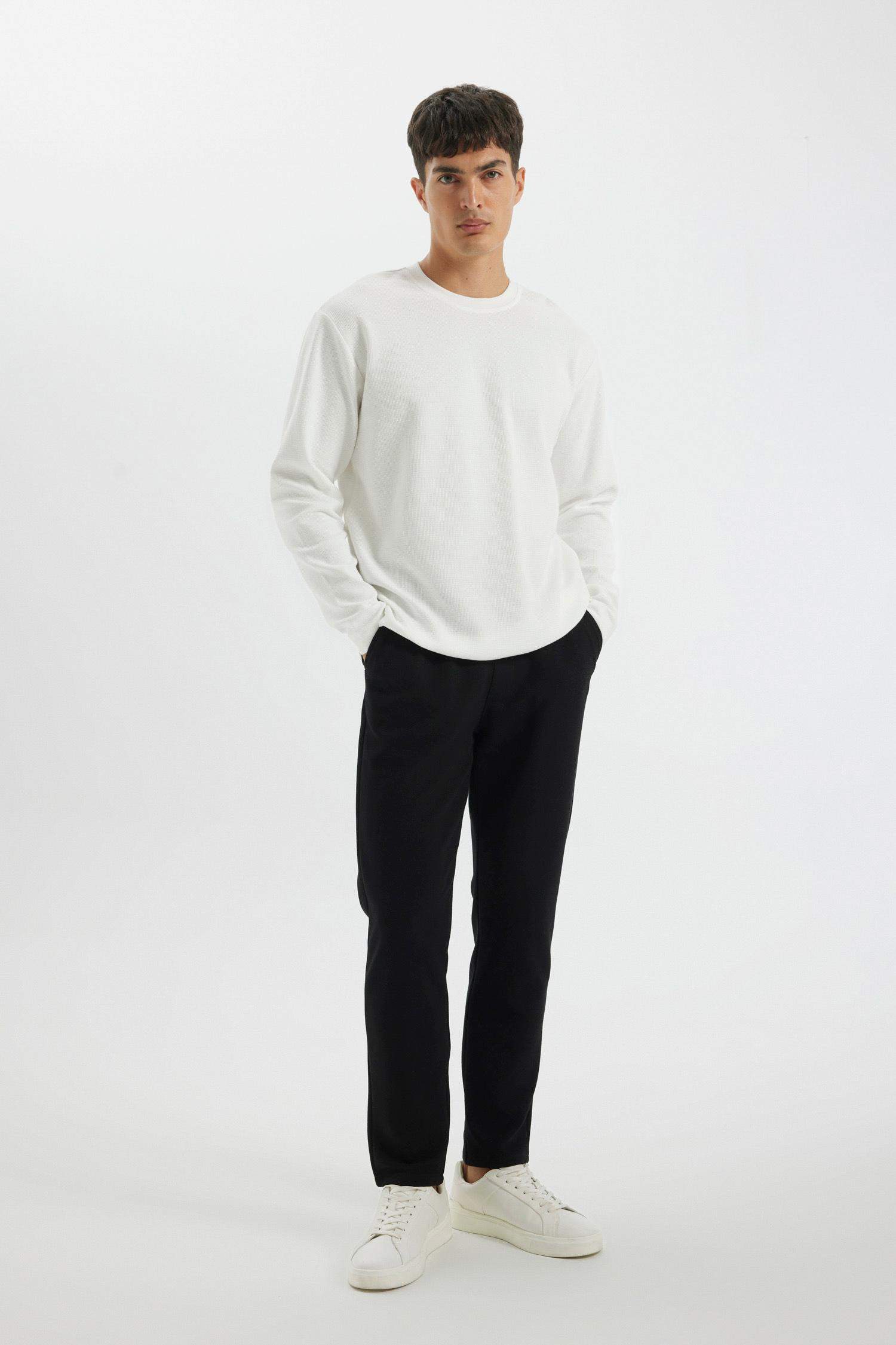 %100 Pamuk Regular Fit Bisiklet Yaka Waffle Basic Düz Uzun Kollu Tişört