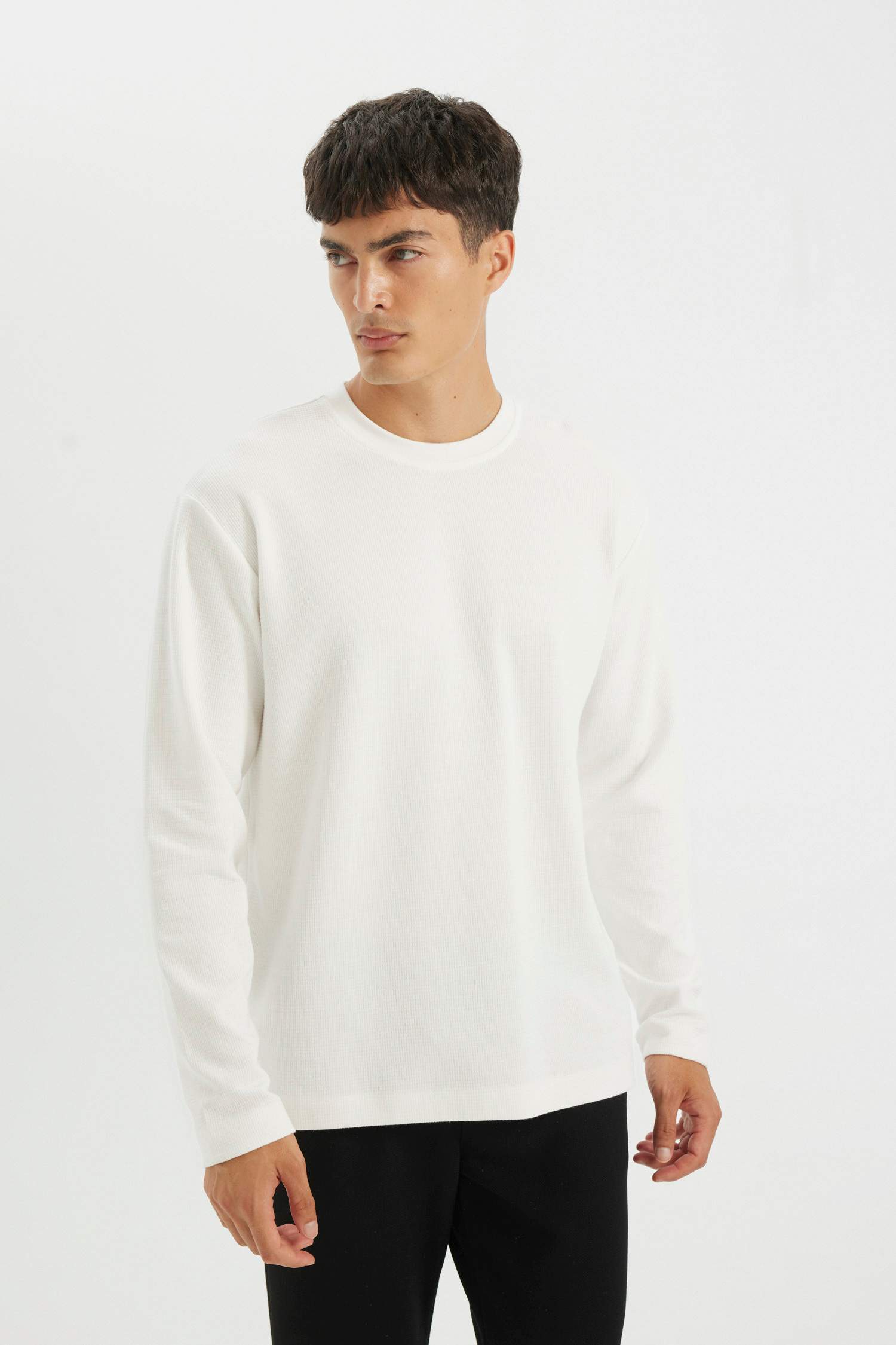 %100 Pamuk Regular Fit Bisiklet Yaka Waffle Basic Düz Uzun Kollu Tişört