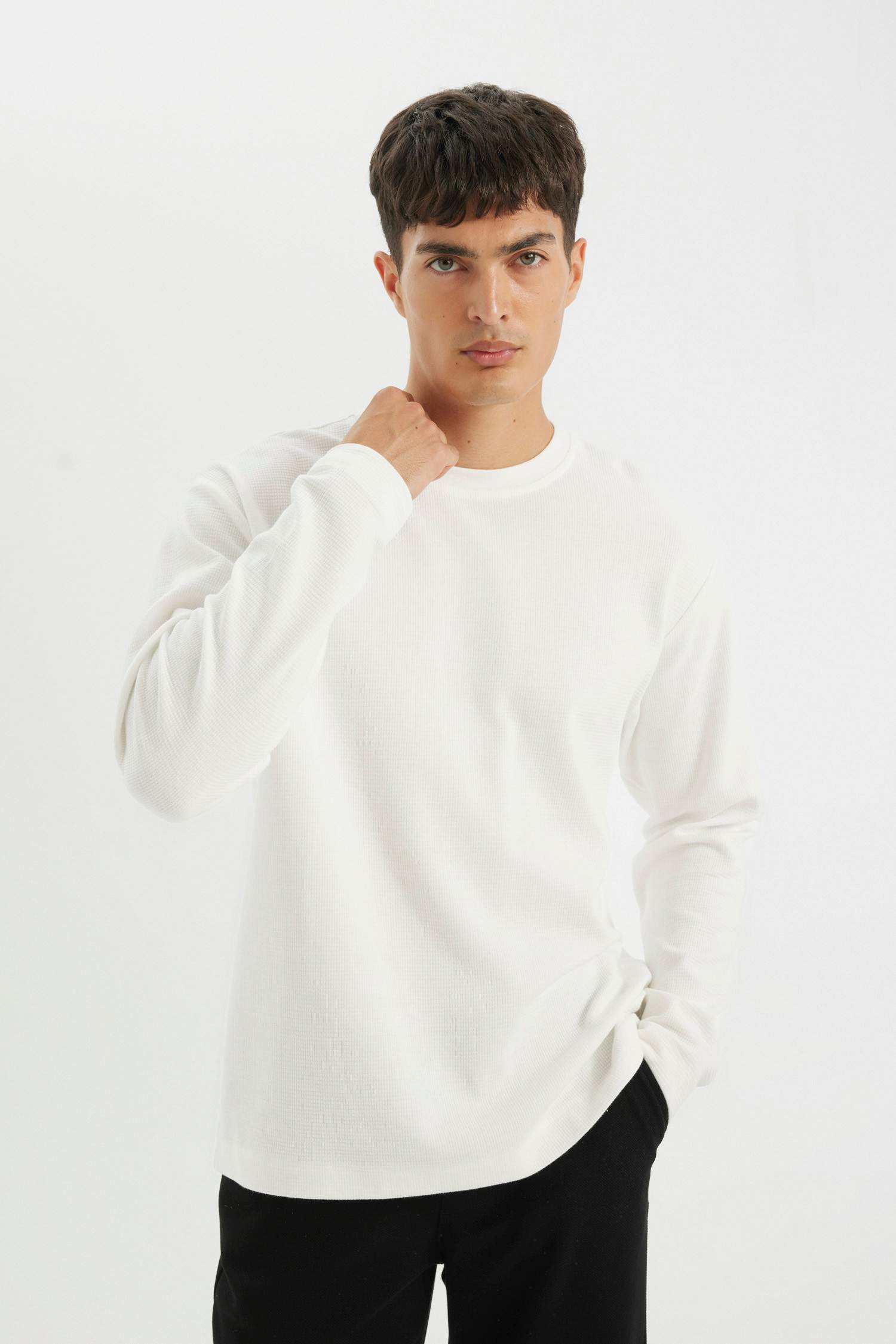 %100 Pamuk Regular Fit Bisiklet Yaka Waffle Basic Düz Uzun Kollu Tişört