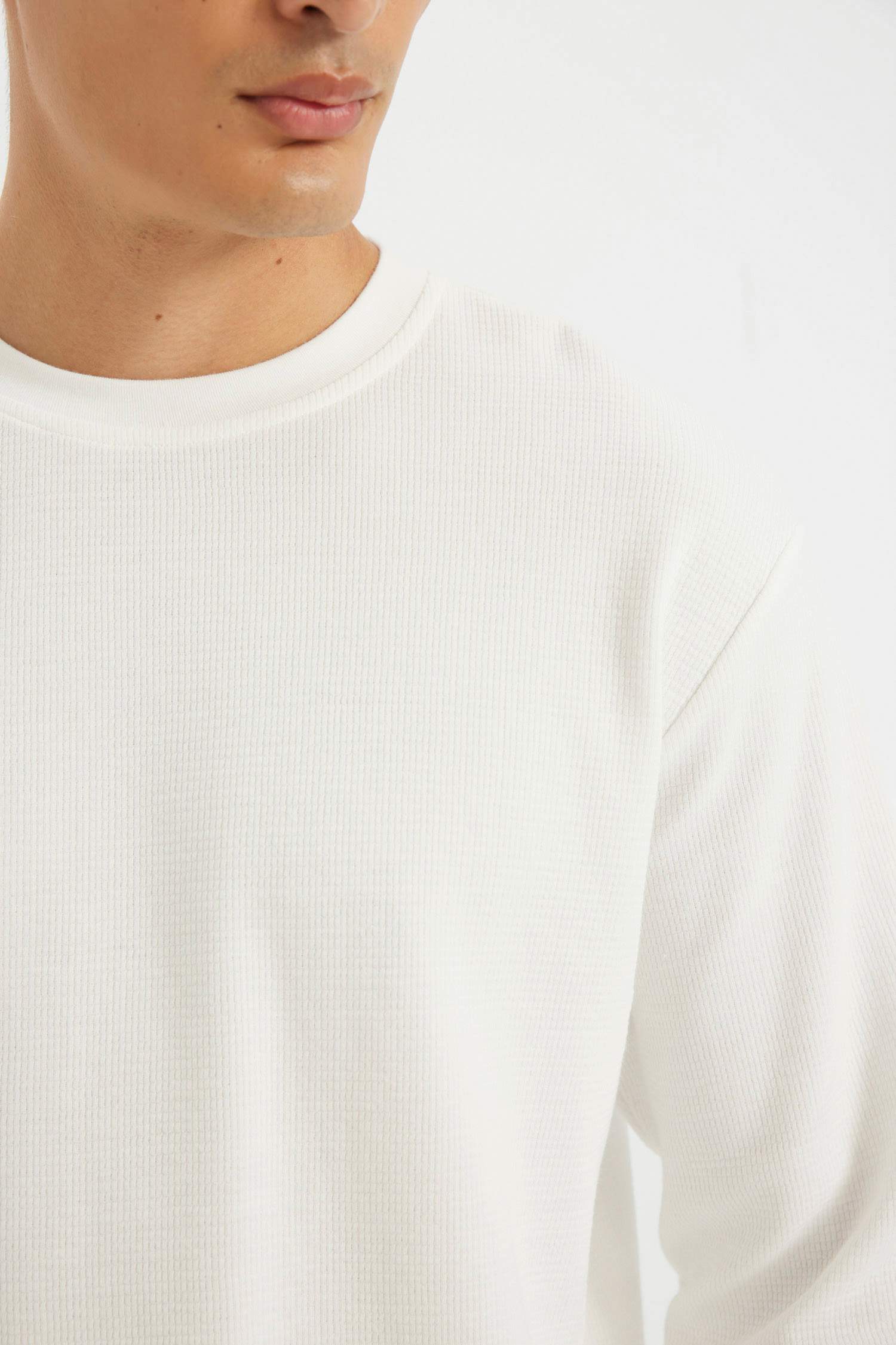 %100 Pamuk Regular Fit Bisiklet Yaka Waffle Basic Düz Uzun Kollu Tişört