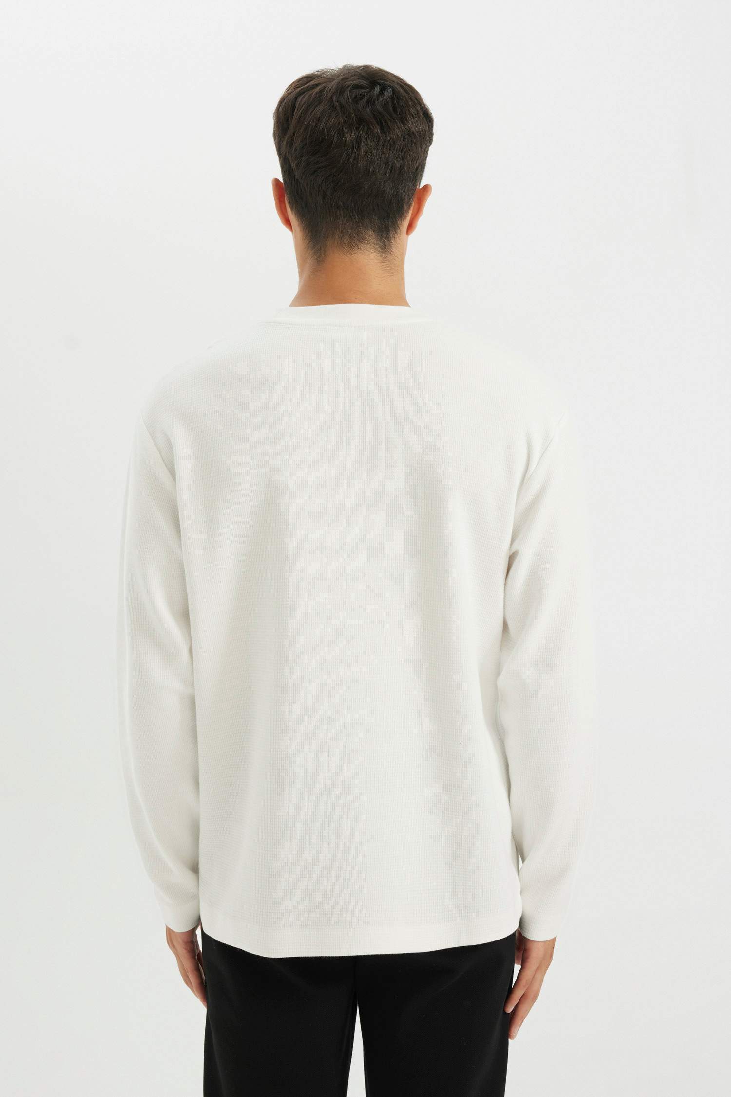 %100 Pamuk Regular Fit Bisiklet Yaka Waffle Basic Düz Uzun Kollu Tişört